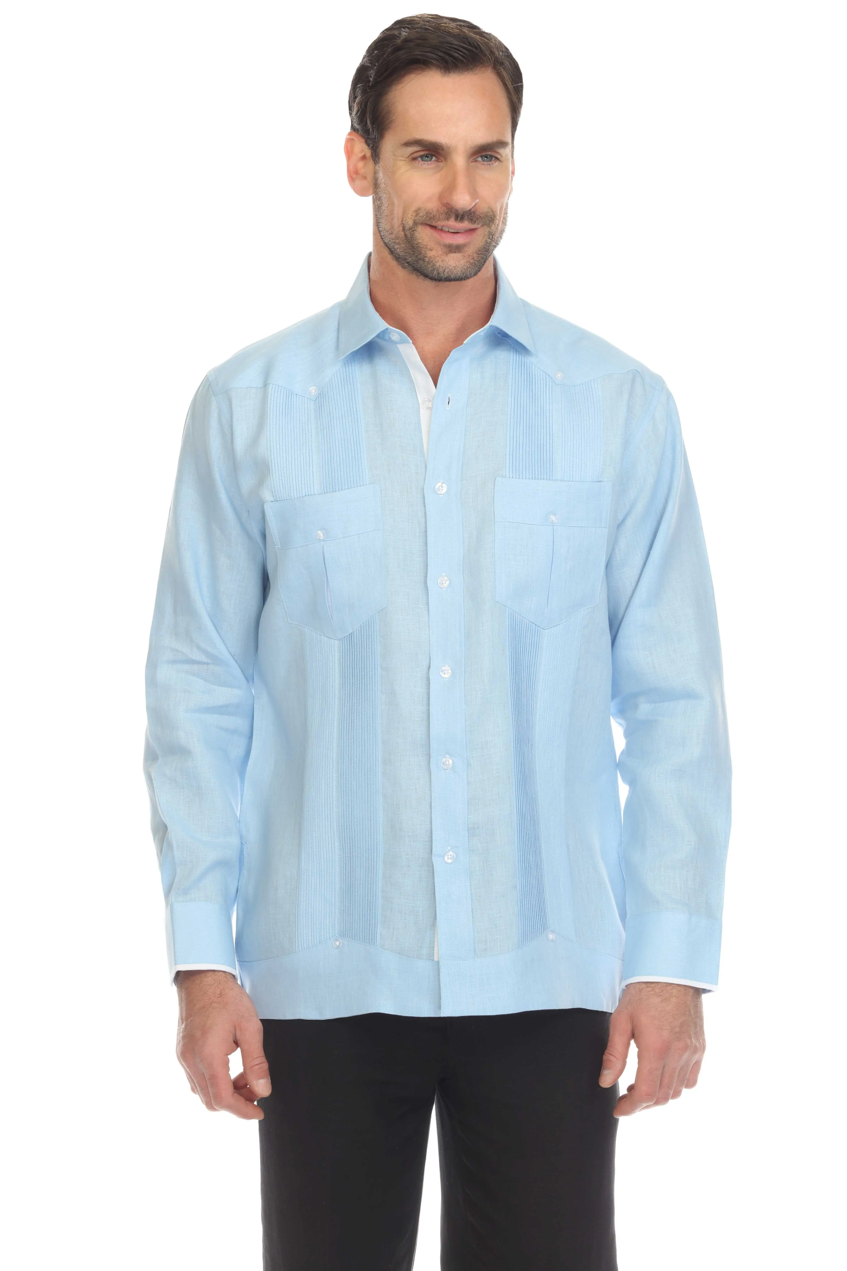 Mojito Men's 100% Linen Guayabera Shirt Long Sleeve with Print Trim Accent