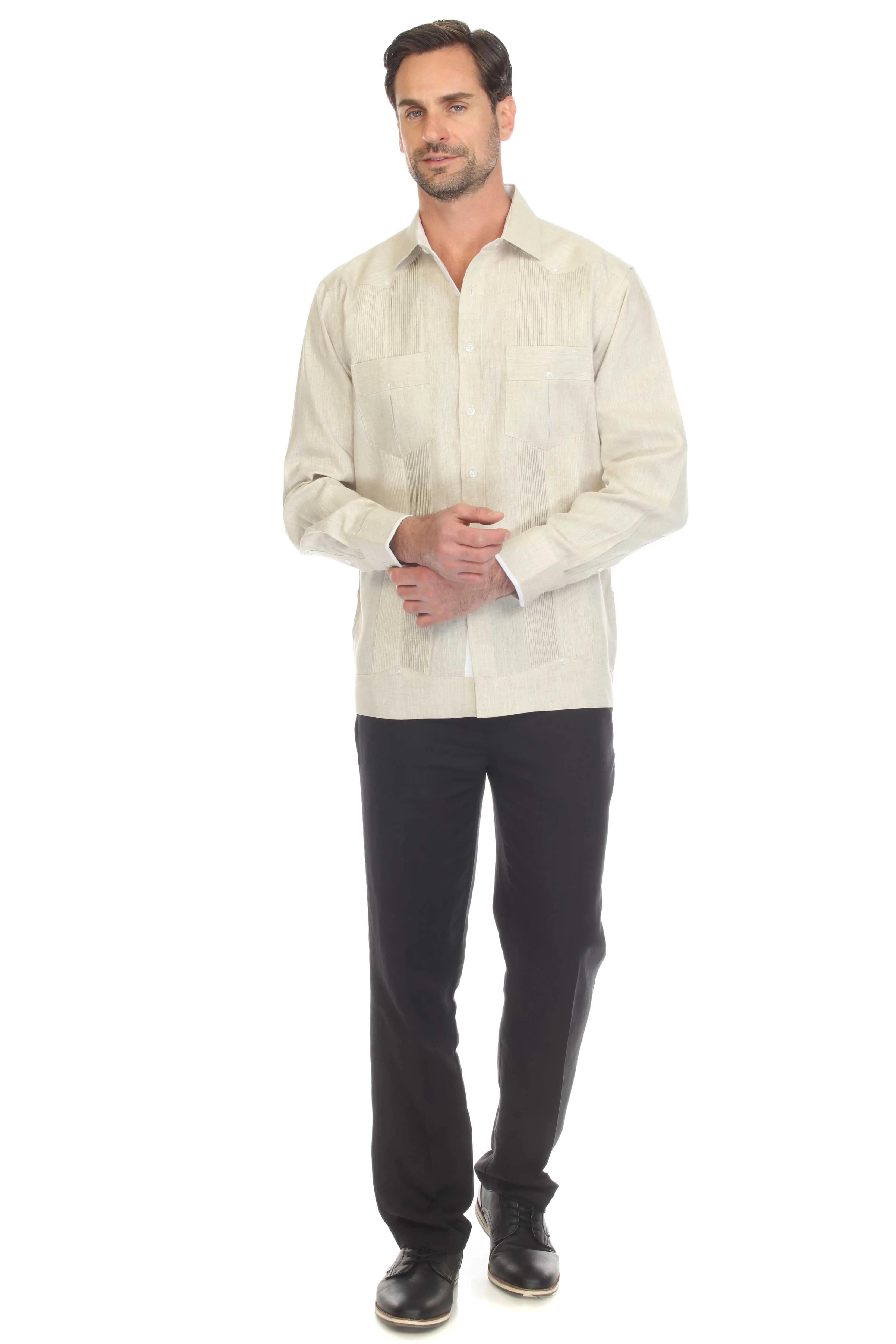 Mojito Men's 100% Linen Guayabera Shirt Long Sleeve with Print Trim Accent