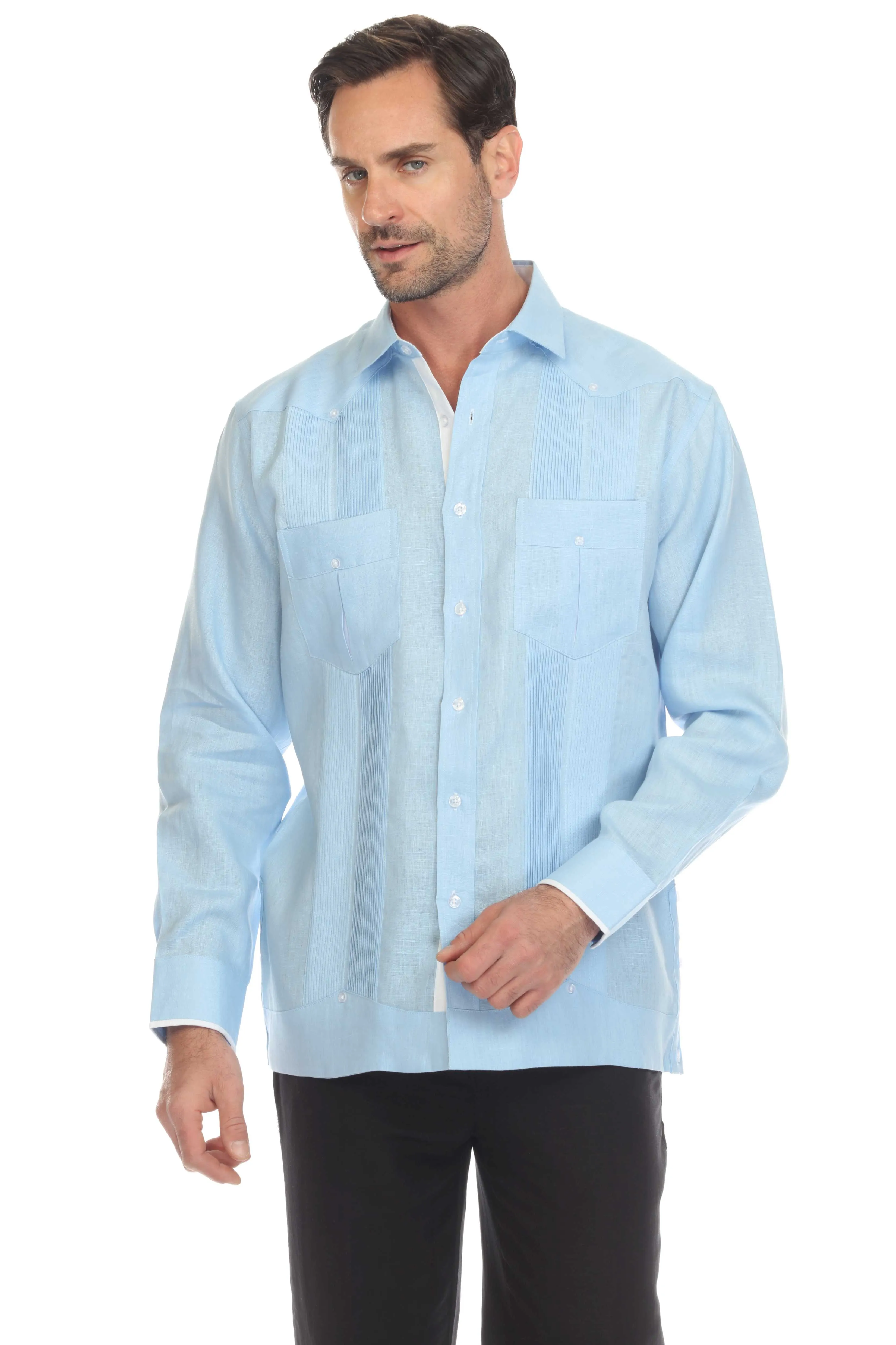 Mojito Men's 100% Linen Guayabera Shirt Long Sleeve with Print Trim Accent