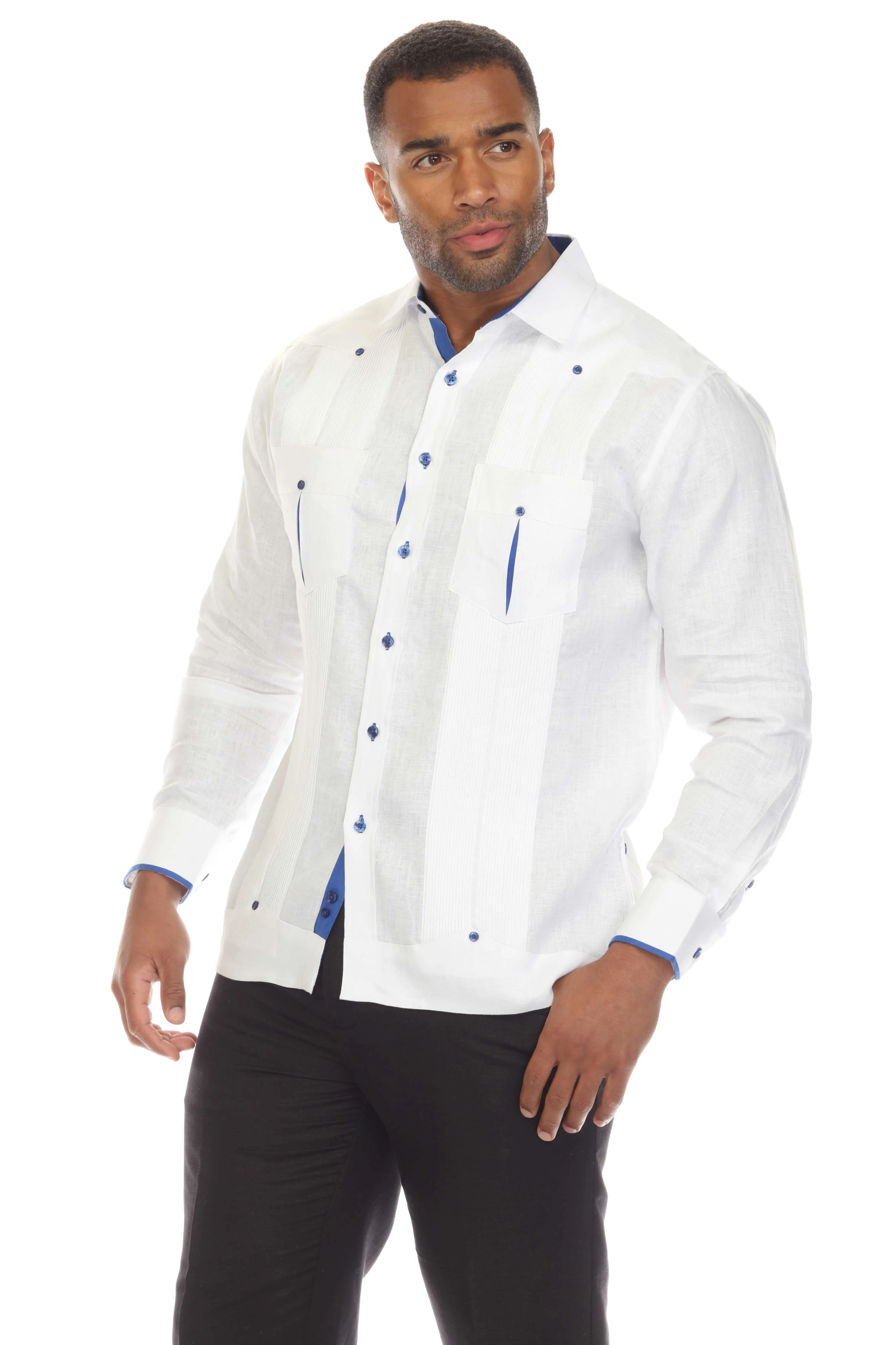 Mojito Men's 100% Linen Guayabera Shirt Long Sleeve with Print Trim Accent