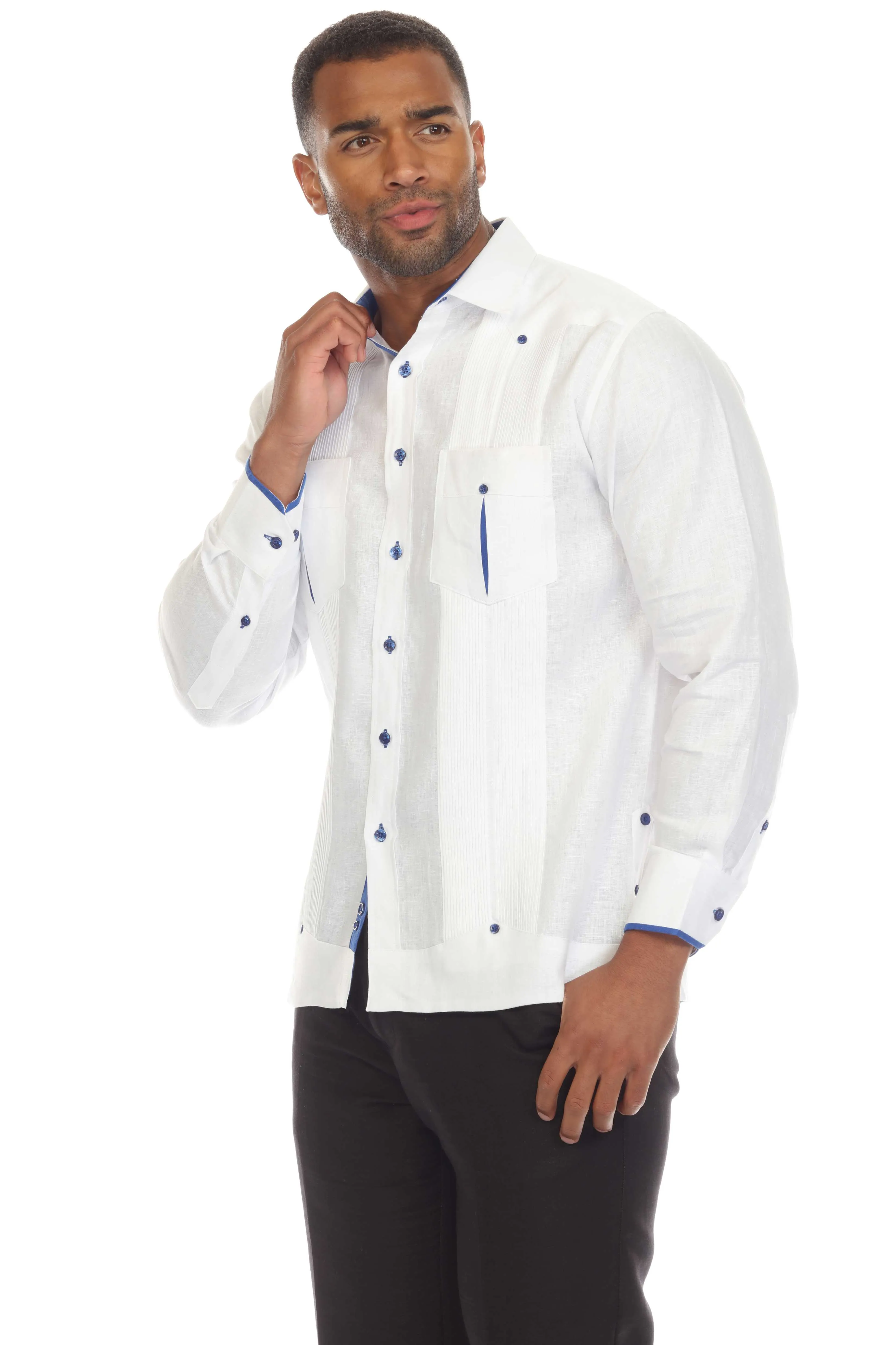 Mojito Men's 100% Linen Guayabera Shirt Long Sleeve with Print Trim Accent