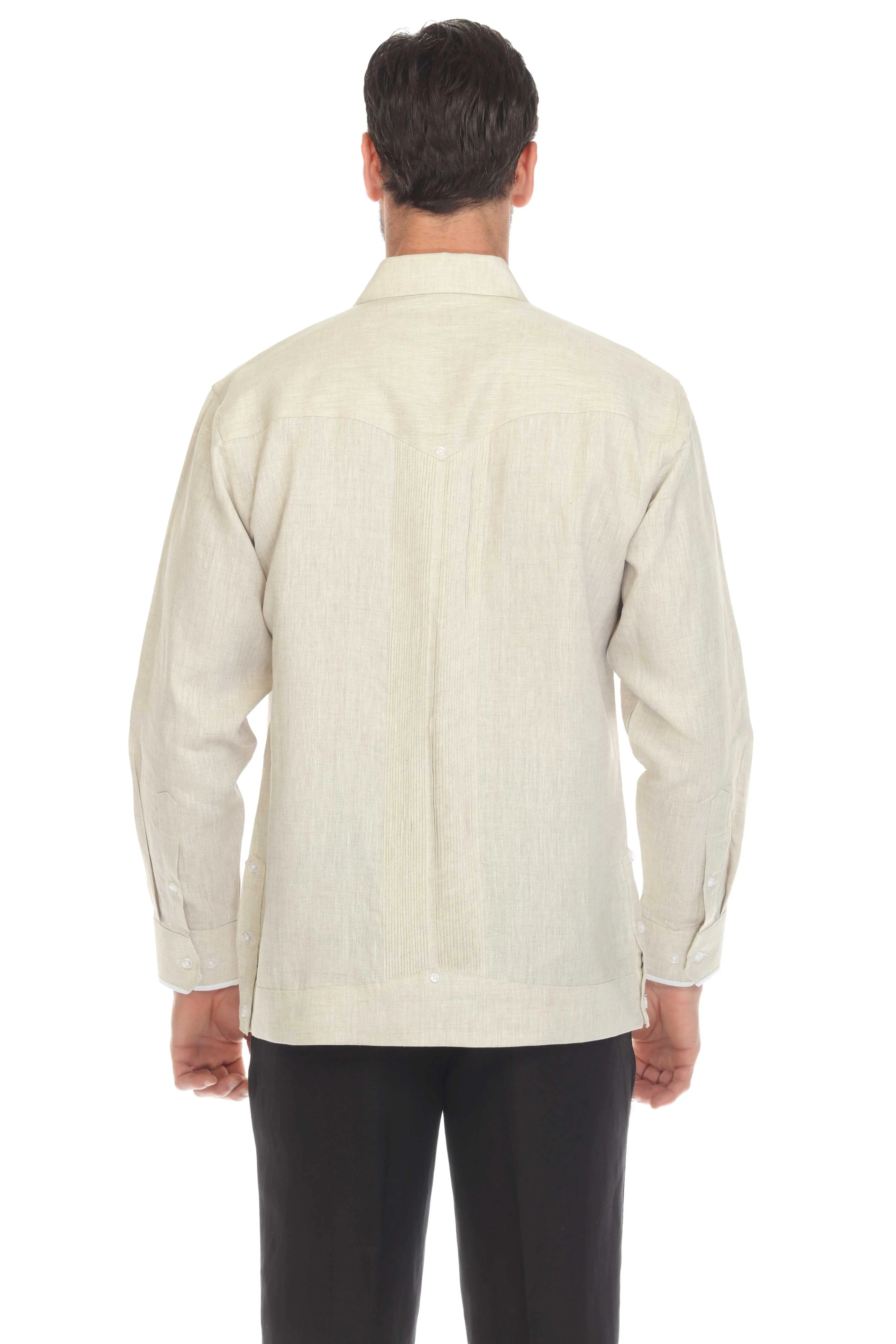 Mojito Men's 100% Linen Guayabera Shirt Long Sleeve with Print Trim Accent