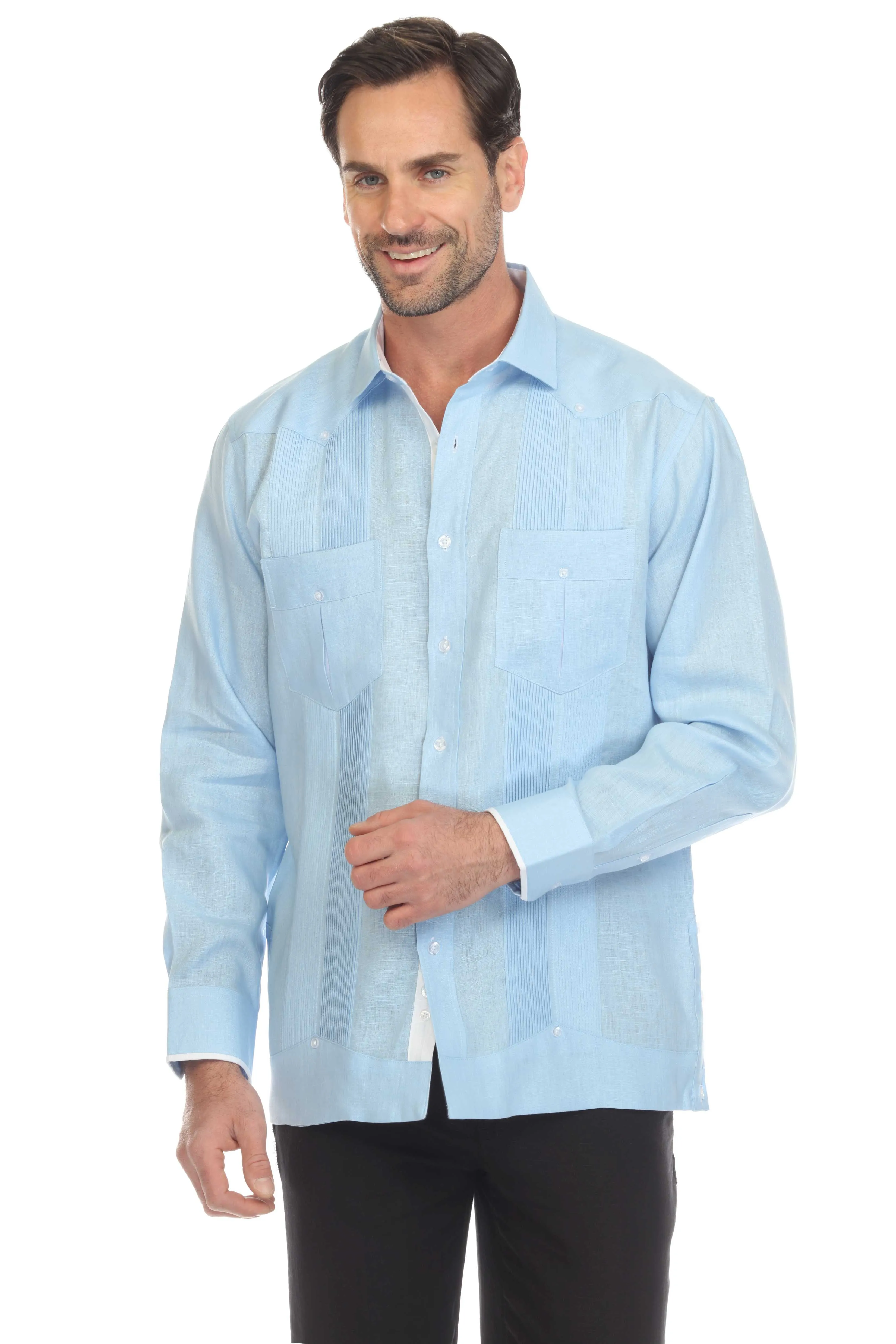 Mojito Men's 100% Linen Guayabera Shirt Long Sleeve with Print Trim Accent