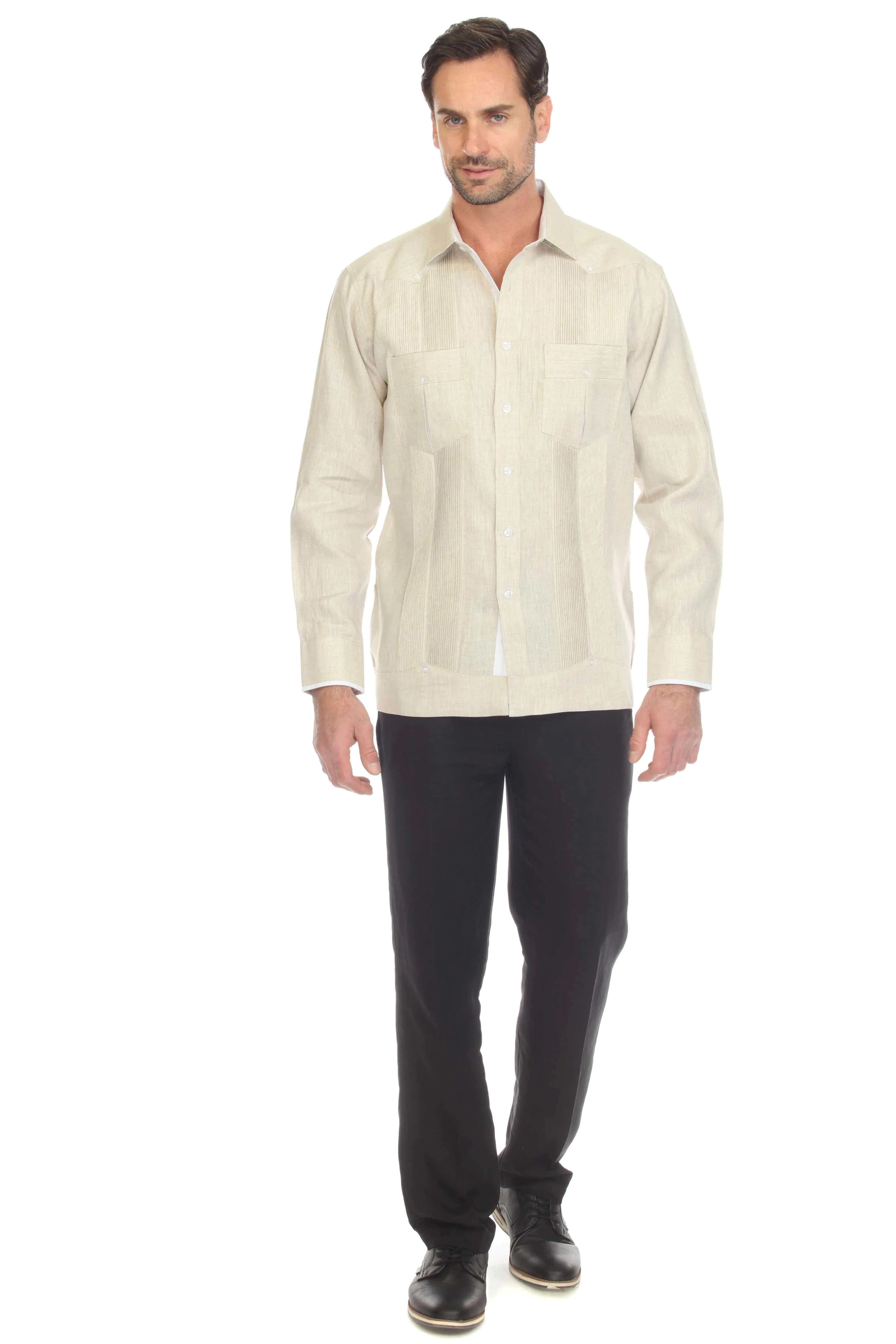 Mojito Men's 100% Linen Guayabera Shirt Long Sleeve with Print Trim Accent