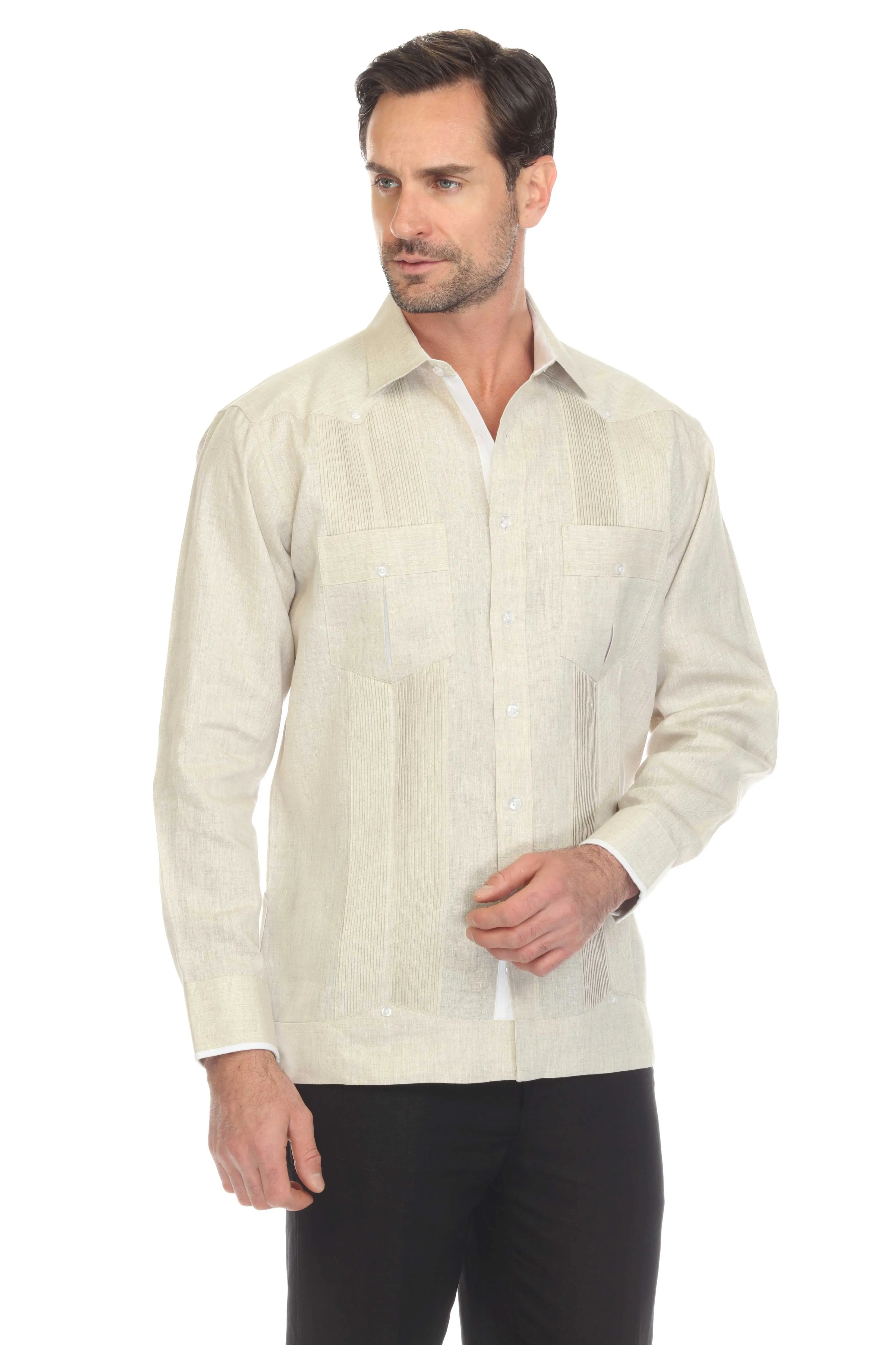 Mojito Men's 100% Linen Guayabera Shirt Long Sleeve with Print Trim Accent