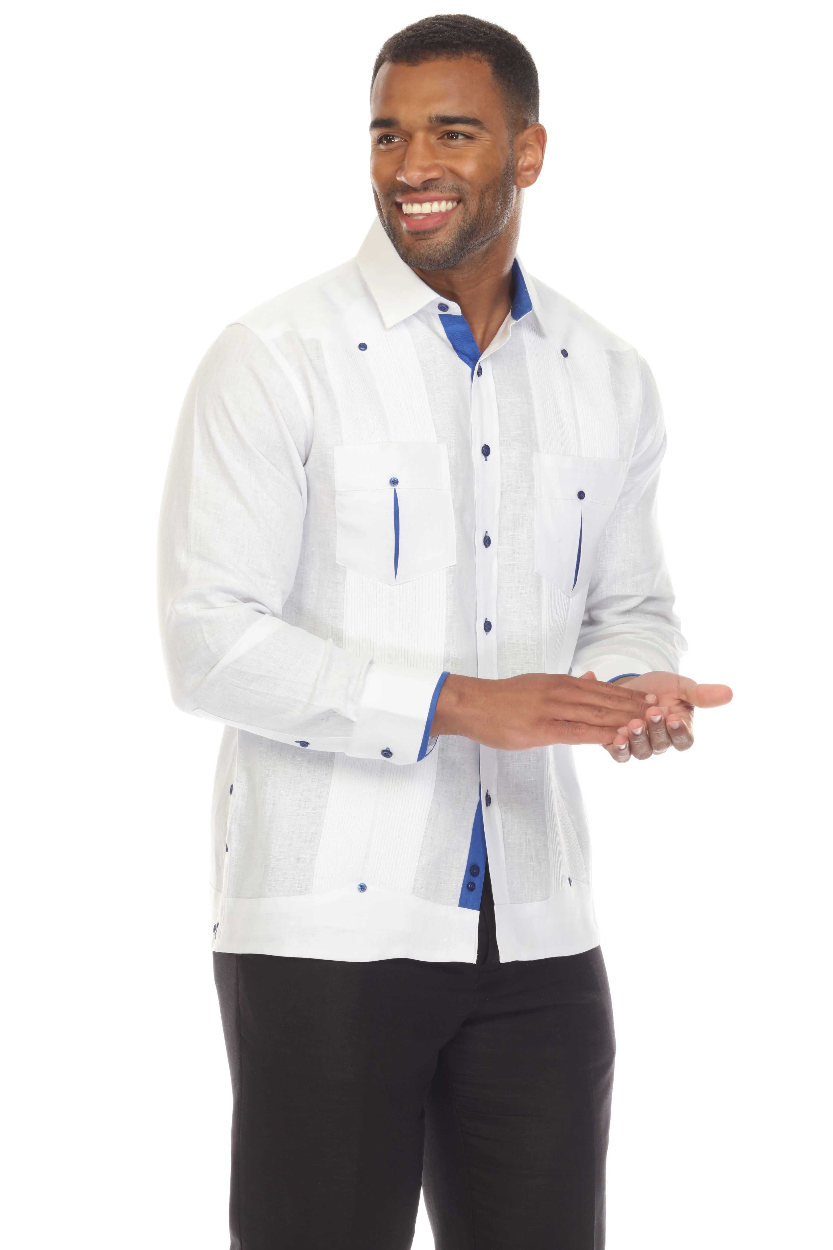 Mojito Men's 100% Linen Guayabera Shirt Long Sleeve with Print Trim Accent