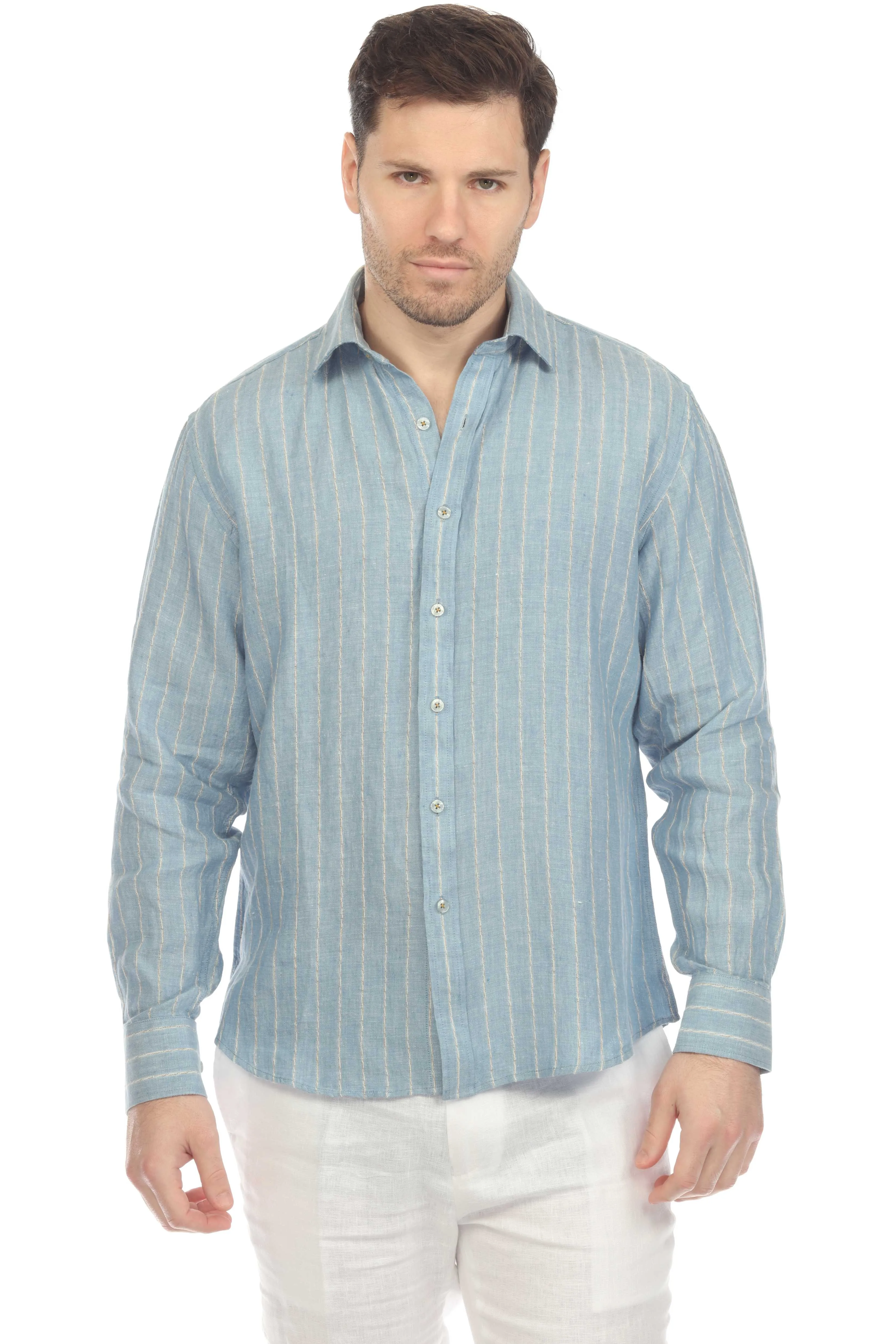 Mojito Men's Causal Pinstripe Shirt 100% Linen Long Sleeve Button Down