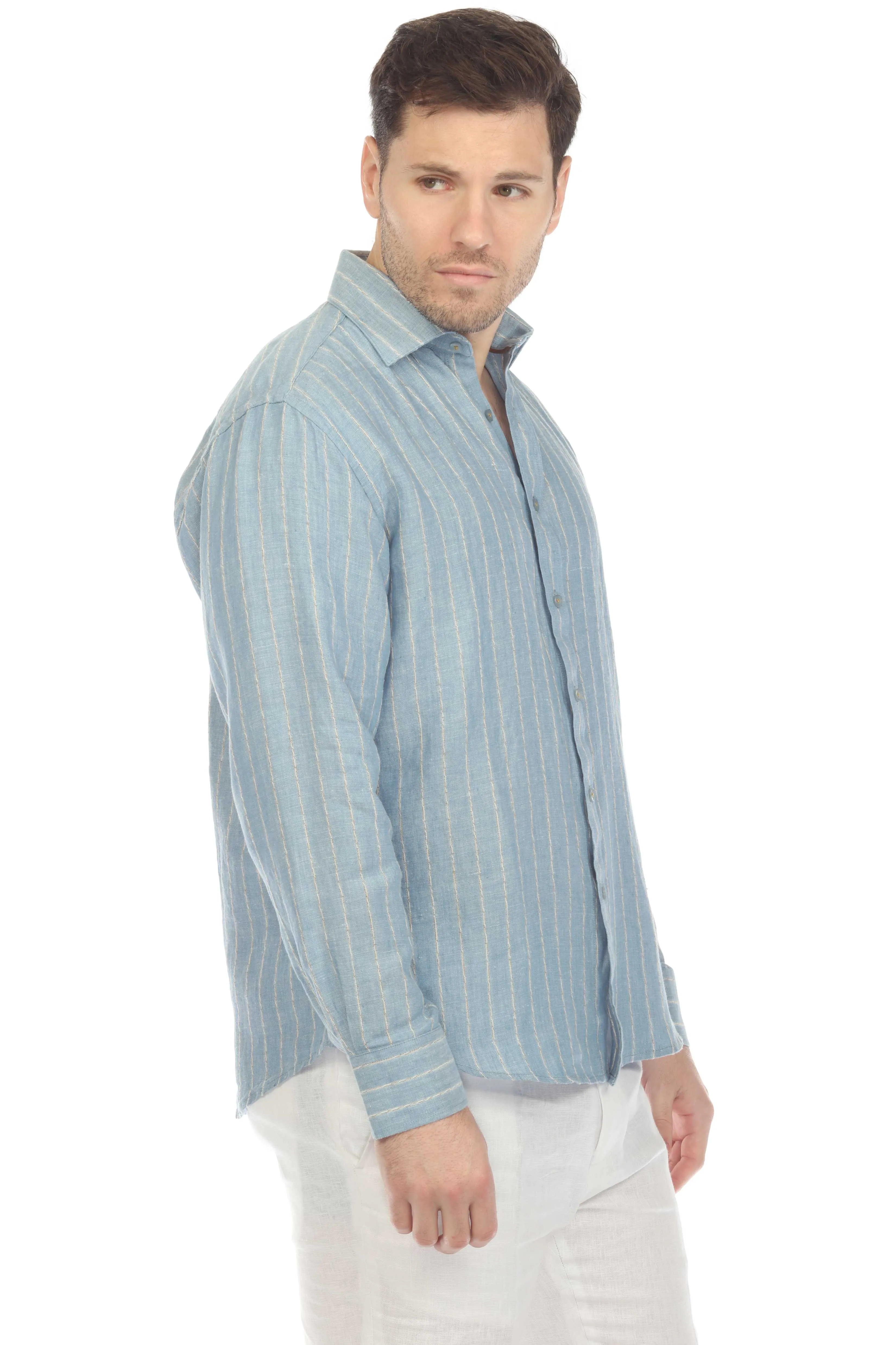 Mojito Men's Causal Pinstripe Shirt 100% Linen Long Sleeve Button Down