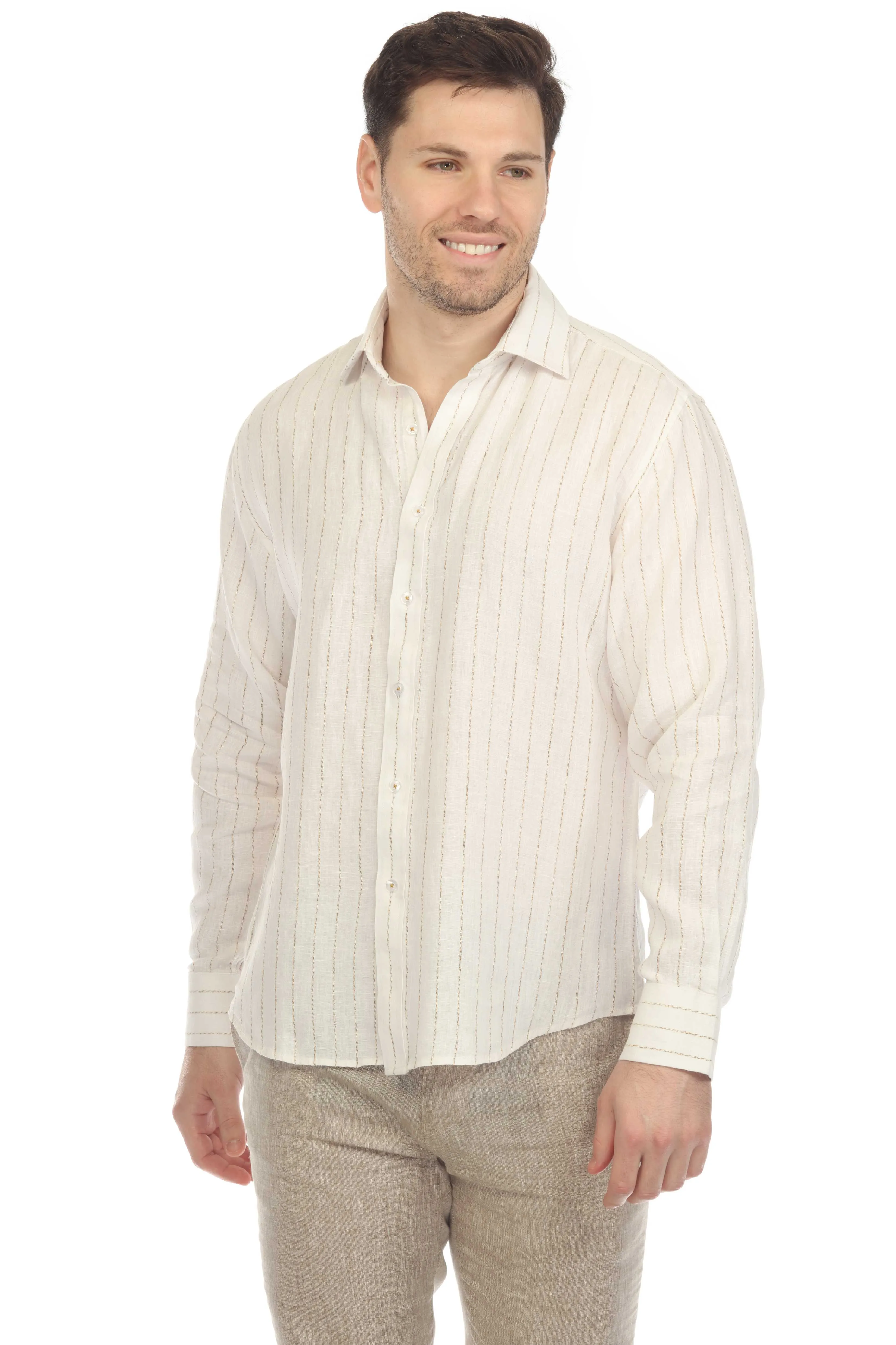 Mojito Men's Causal Pinstripe Shirt 100% Linen Long Sleeve Button Down