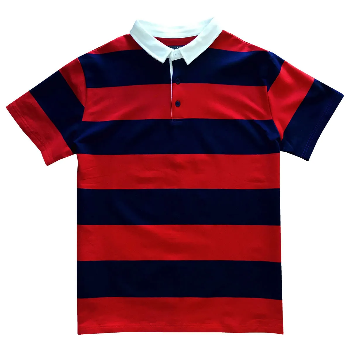 Navy Blue and Red Comfortable Stretch Short Sleeve Striped Men's Rugby Shirt