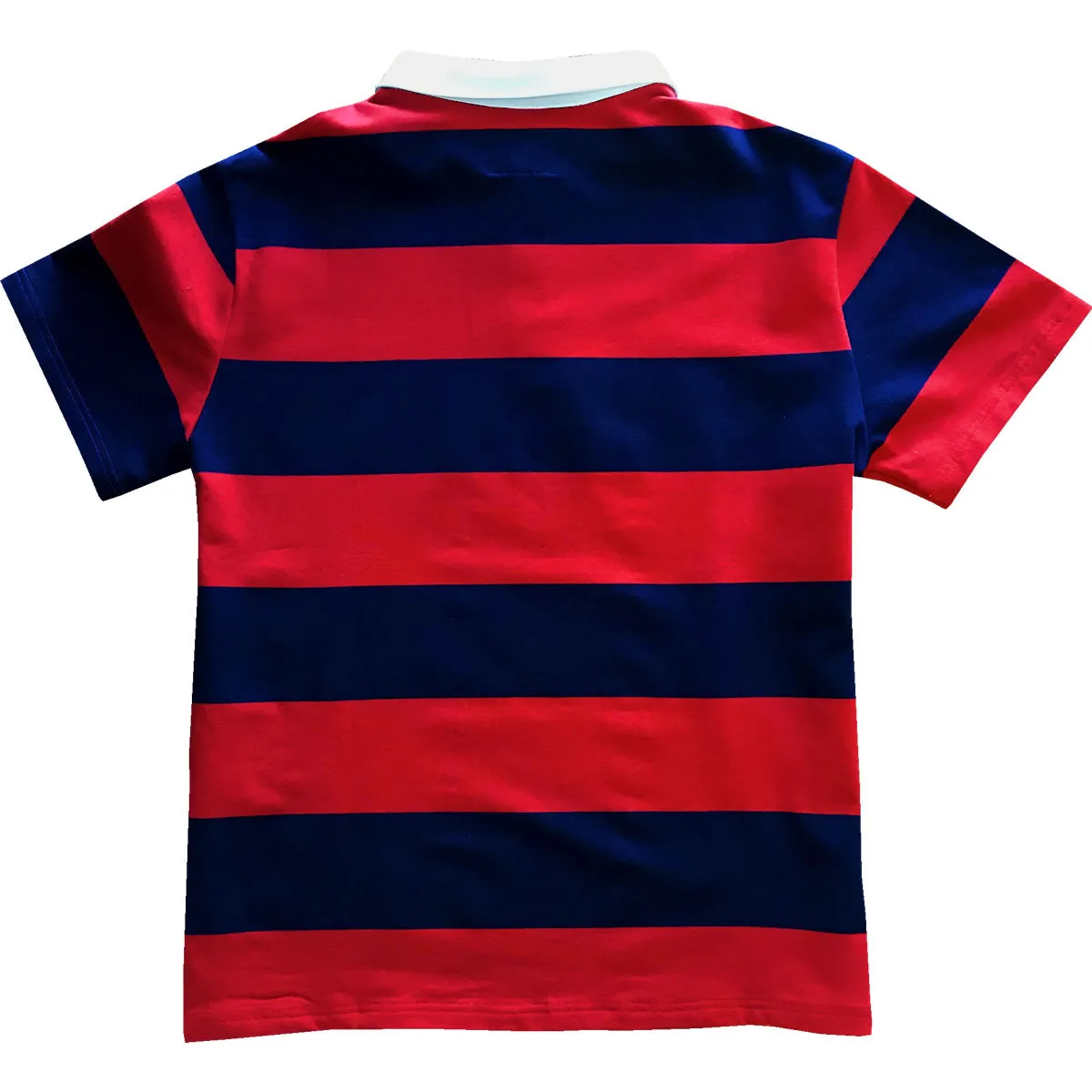 Navy Blue and Red Comfortable Stretch Short Sleeve Striped Men's Rugby Shirt