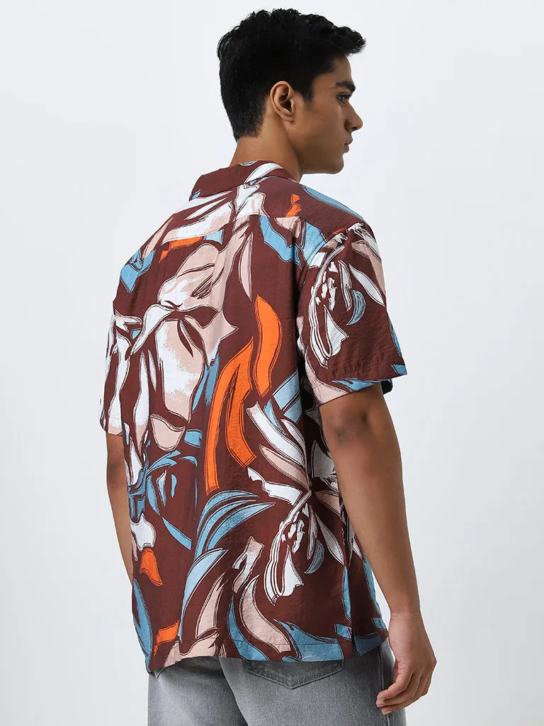 Nuon Brown Abstract Printed Relaxed-Fit Shirt