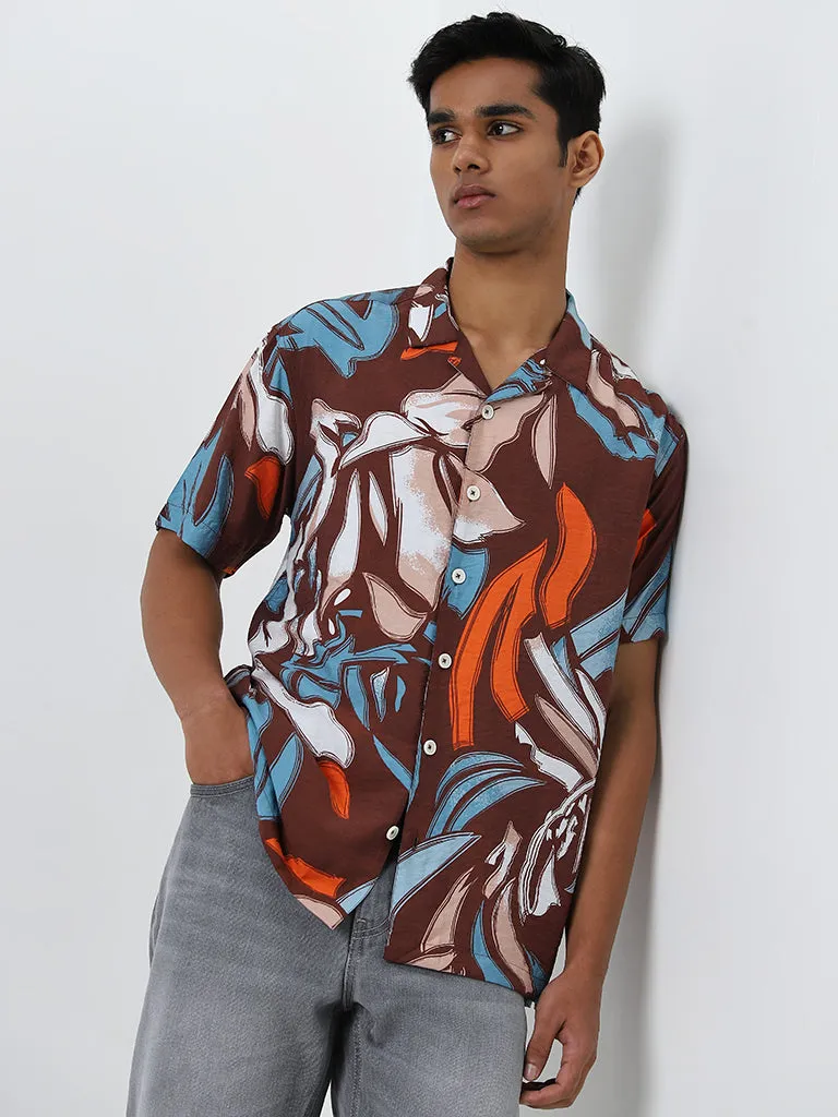 Nuon Brown Abstract Printed Relaxed-Fit Shirt