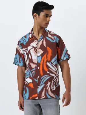 Nuon Brown Abstract Printed Relaxed-Fit Shirt