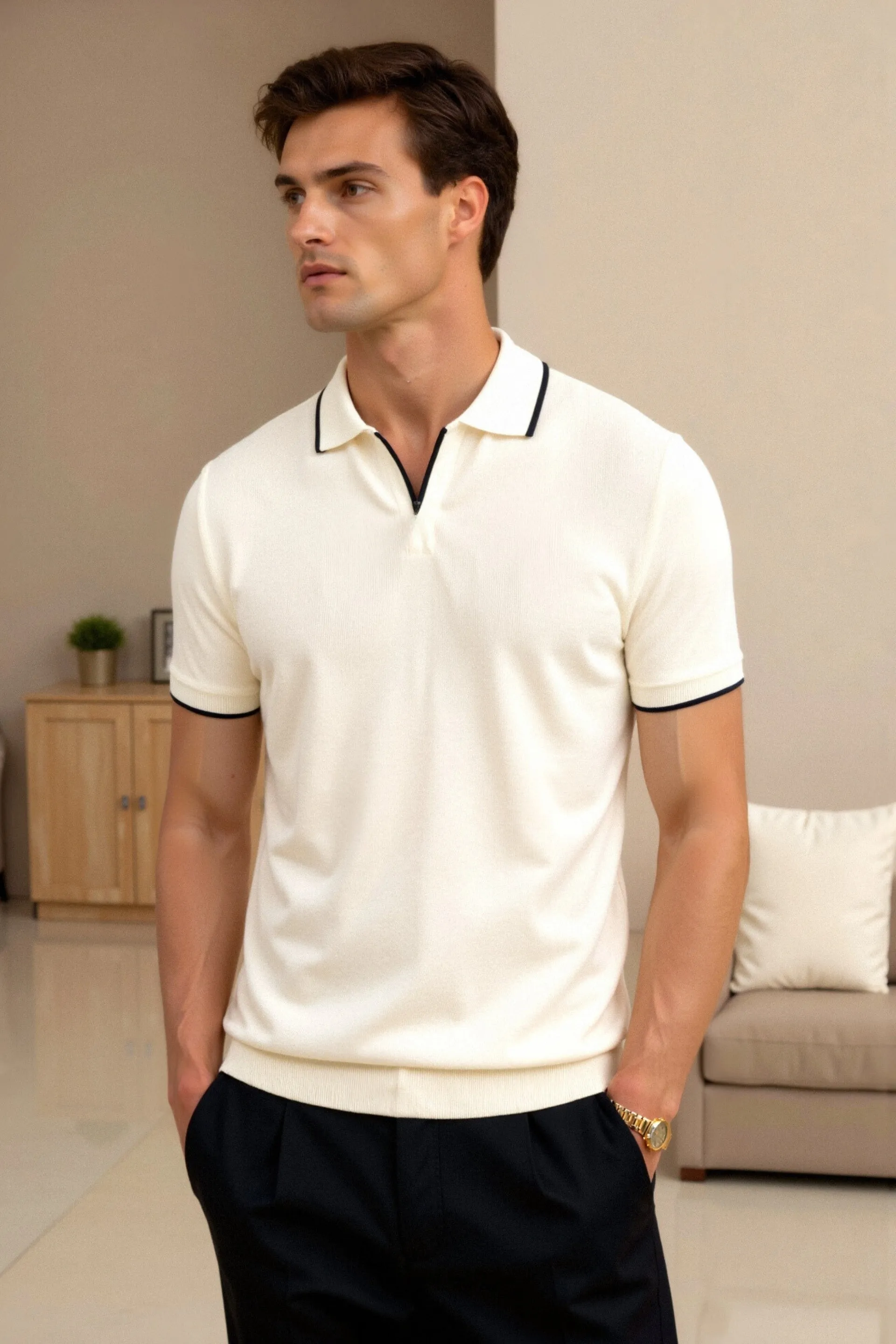 Old Money Contrast Slim Fitted Elegant Summer Sleeveless Polo T-Shirt