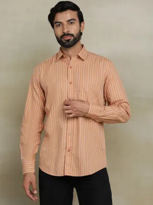 Orange Striped Tailored Fit Semi Casual Shirt | JadeBlue