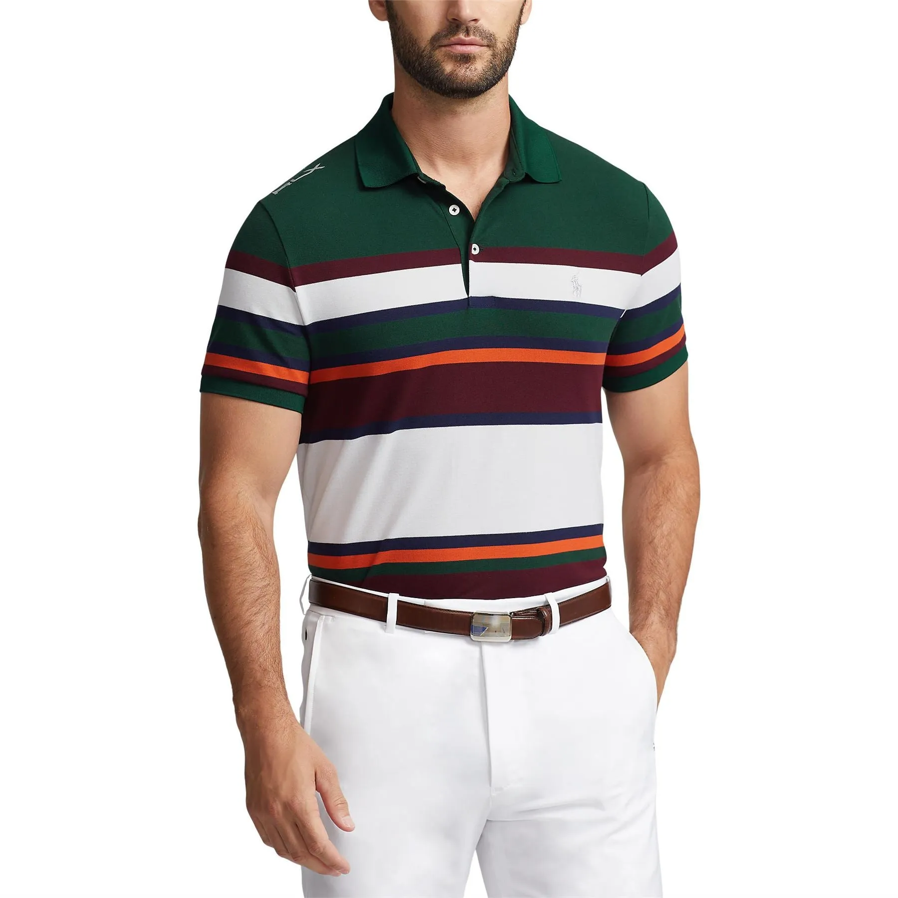 Performance Pique Polo Wine Multi Stripe Moss Agate Multi - AW23