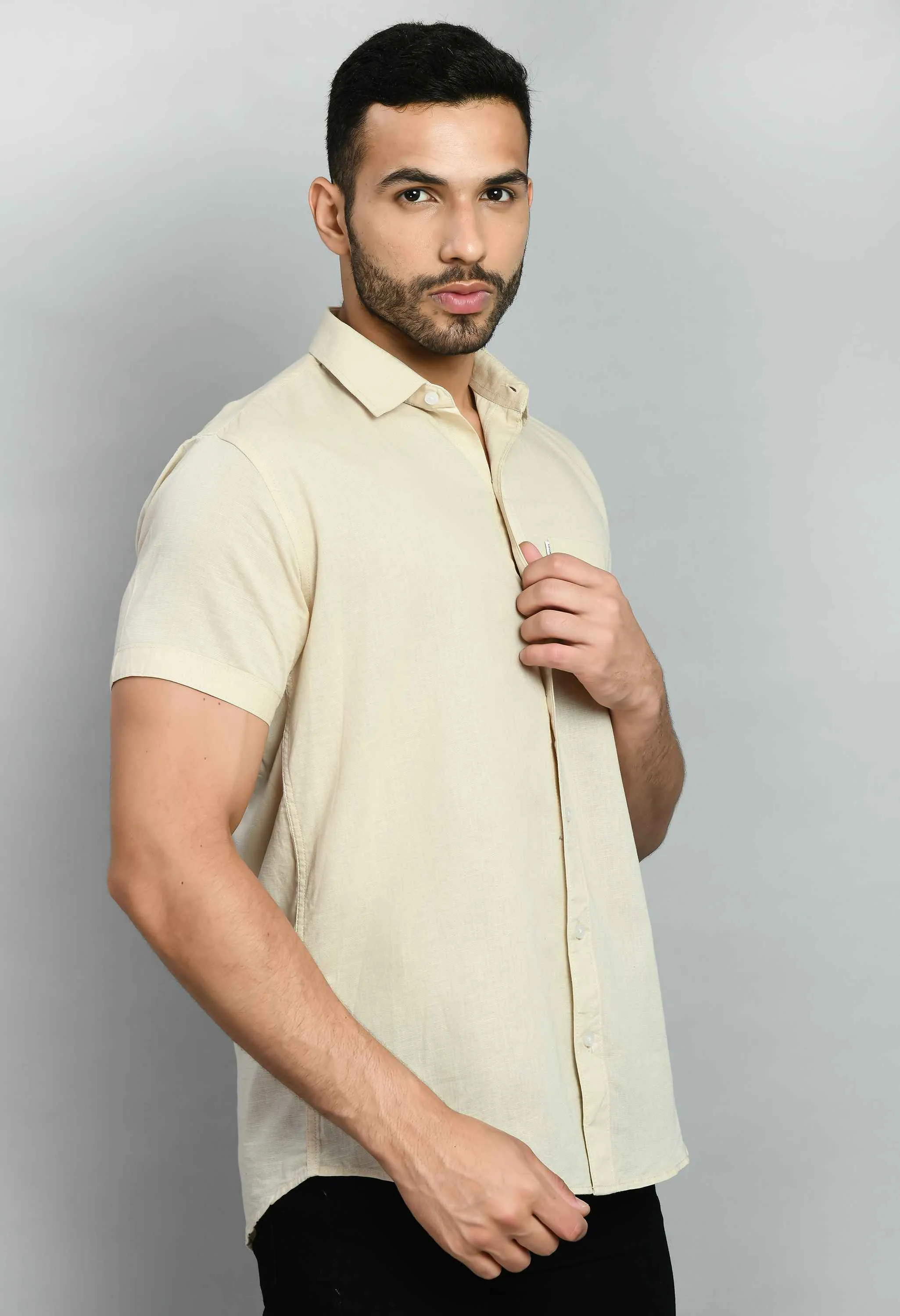 Plain Beige Linen Half Sleeve Shirt