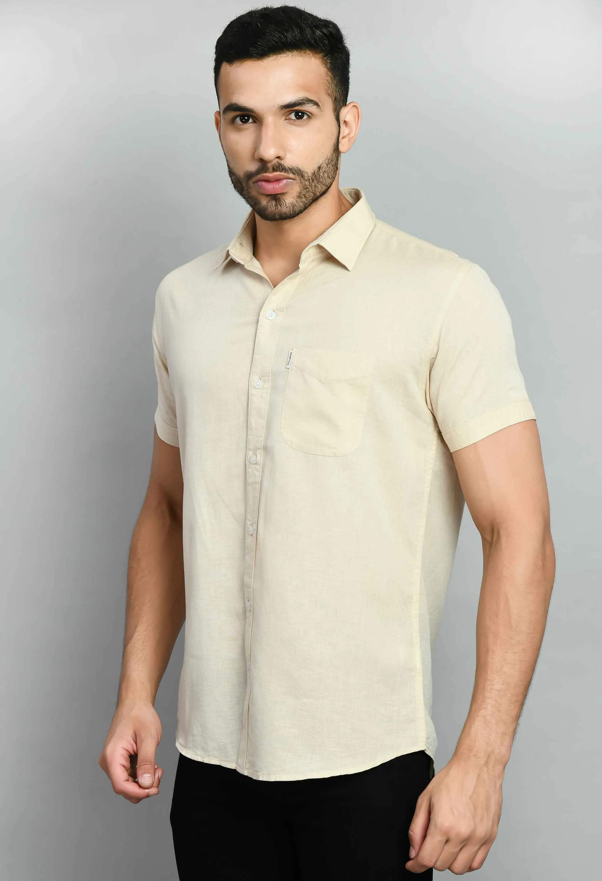 Plain Beige Linen Half Sleeve Shirt