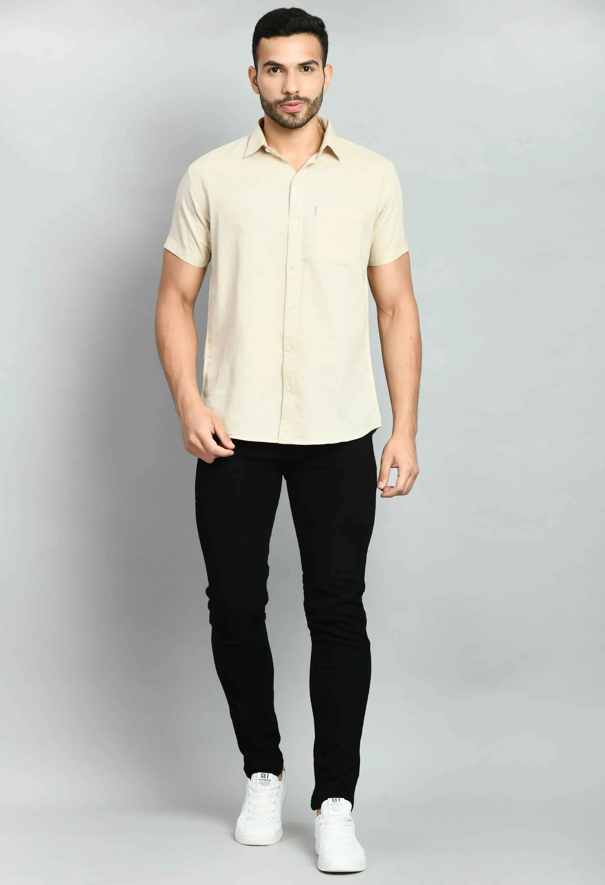 Plain Beige Linen Half Sleeve Shirt