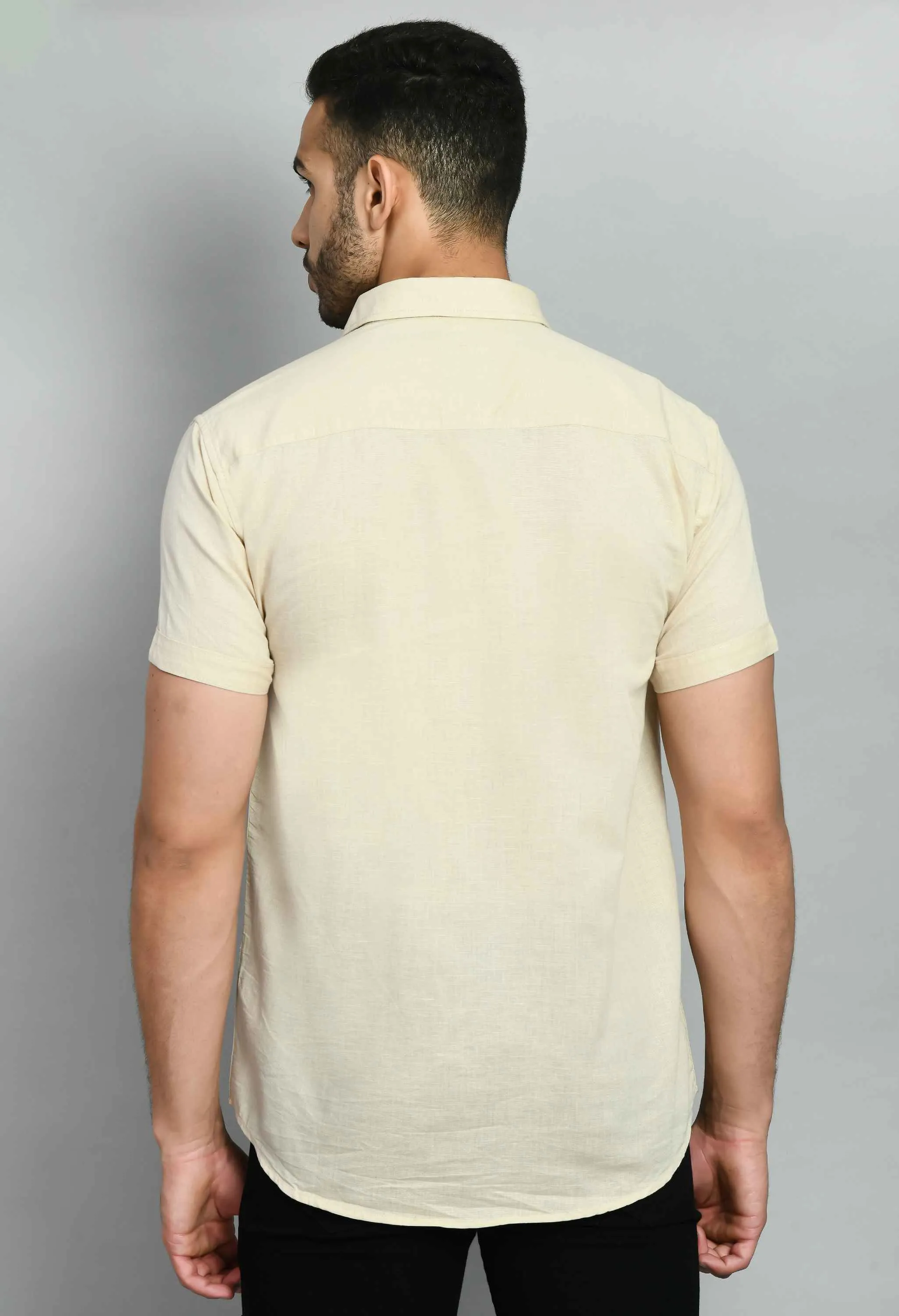 Plain Beige Linen Half Sleeve Shirt