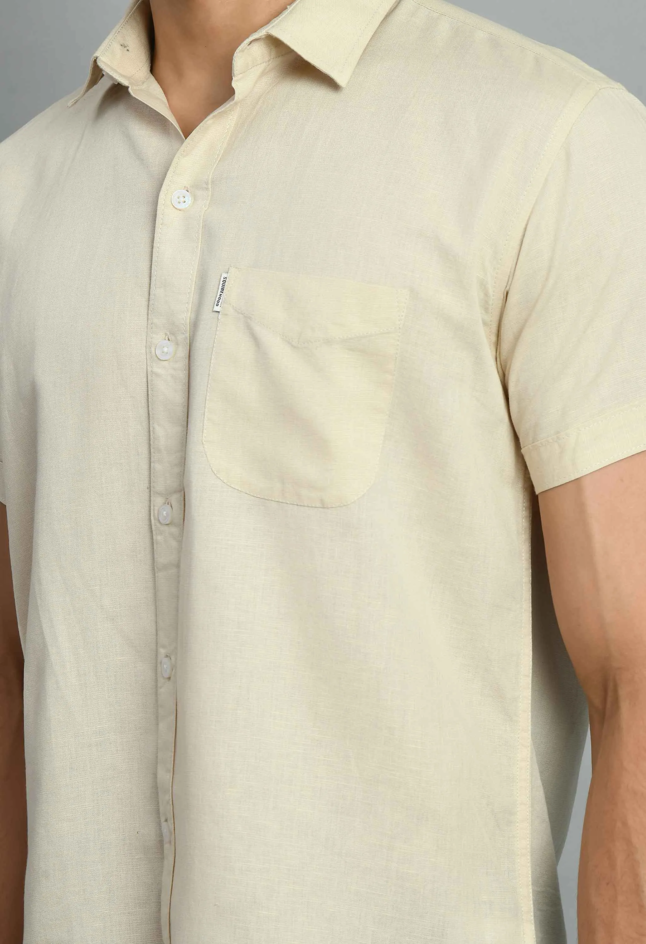 Plain Beige Linen Half Sleeve Shirt