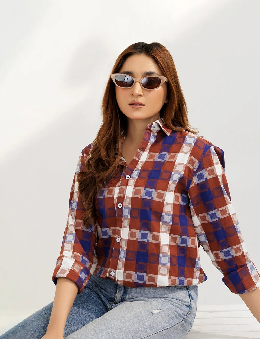 Pure Cotton Geometric Print Women Shirt