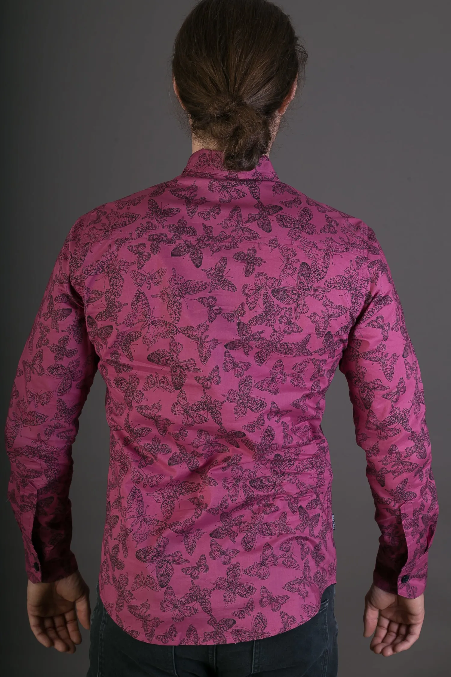 Purple Butterfly Print Cotton Slim Fit Mens Shirt Long Sleeve