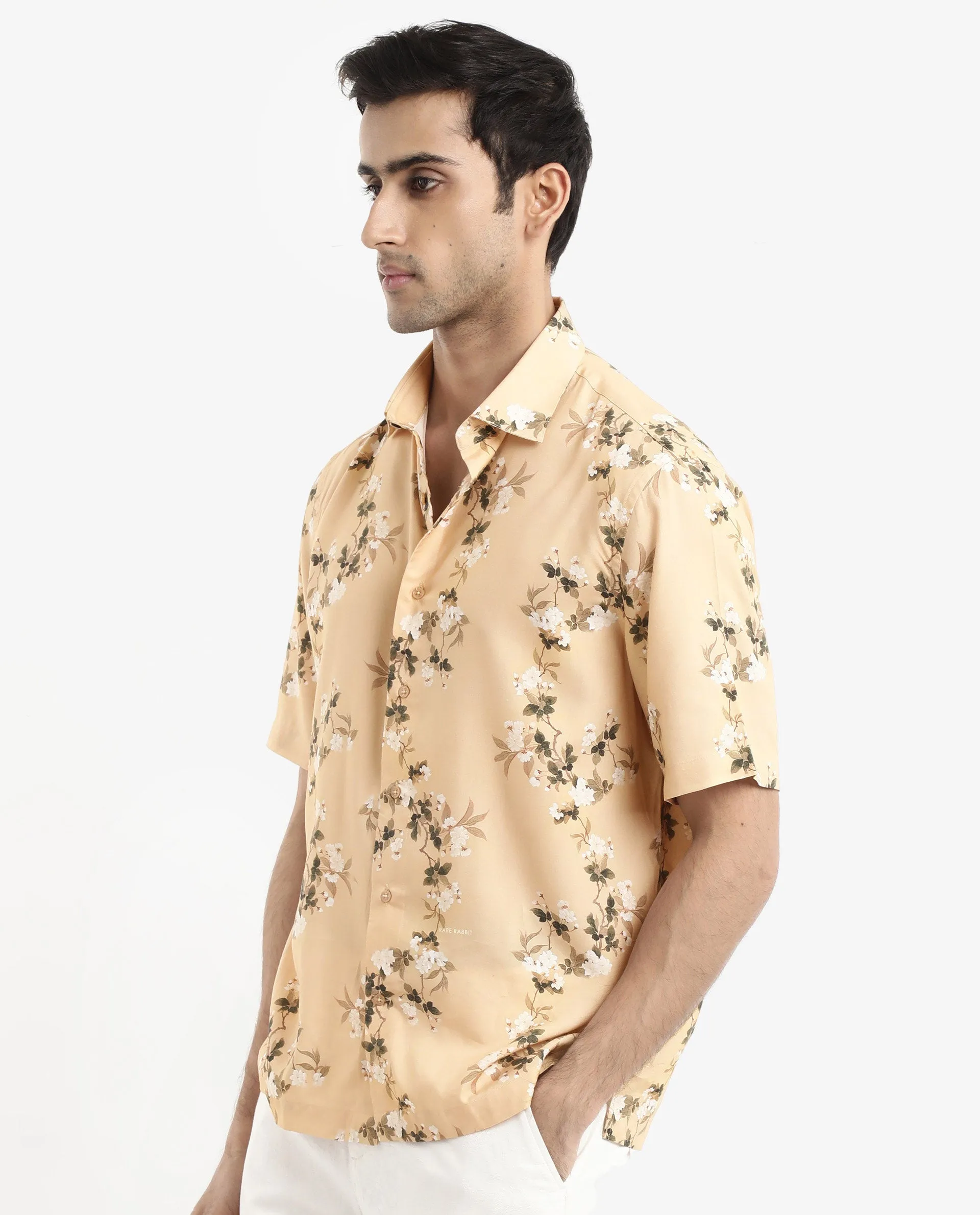 Rare Rabbit Men's Alpher Beige Viscose Fabric Short Sleeve Boxy Fit Floral Print Shirt