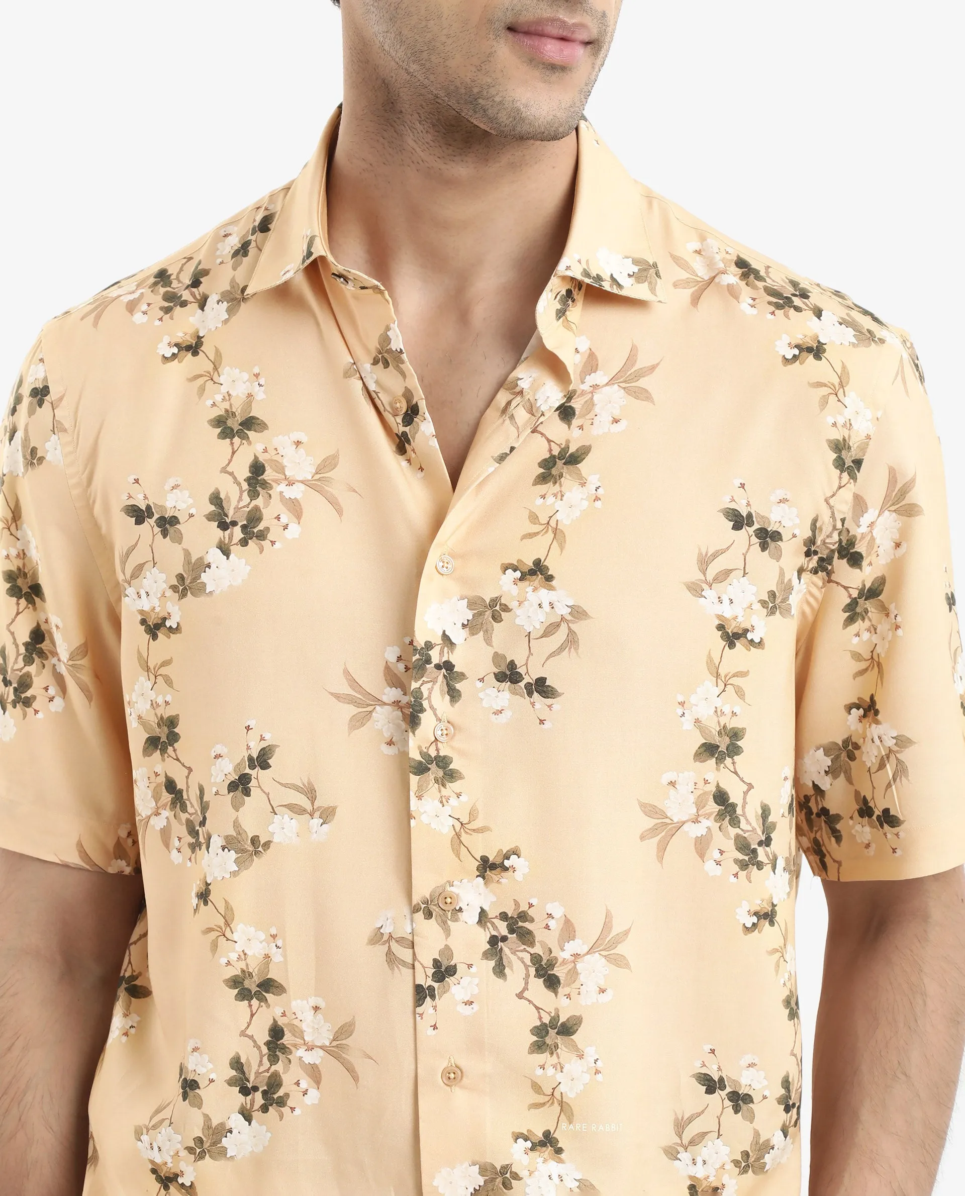 Rare Rabbit Men's Alpher Beige Viscose Fabric Short Sleeve Boxy Fit Floral Print Shirt