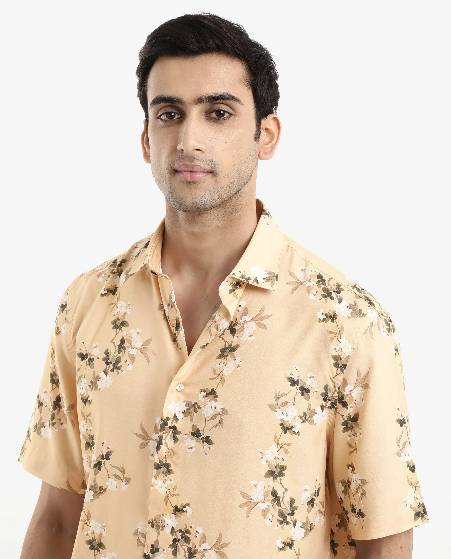 Rare Rabbit Men's Alpher Beige Viscose Fabric Short Sleeve Boxy Fit Floral Print Shirt