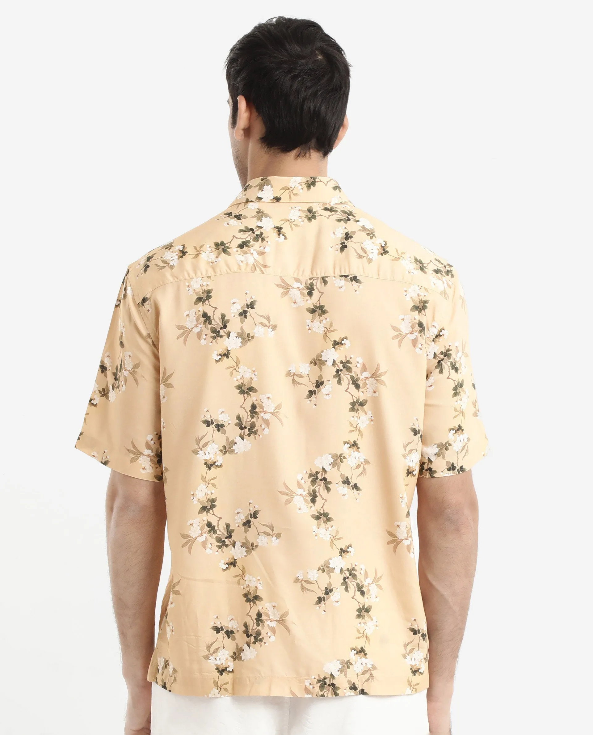 Rare Rabbit Men's Alpher Beige Viscose Fabric Short Sleeve Boxy Fit Floral Print Shirt