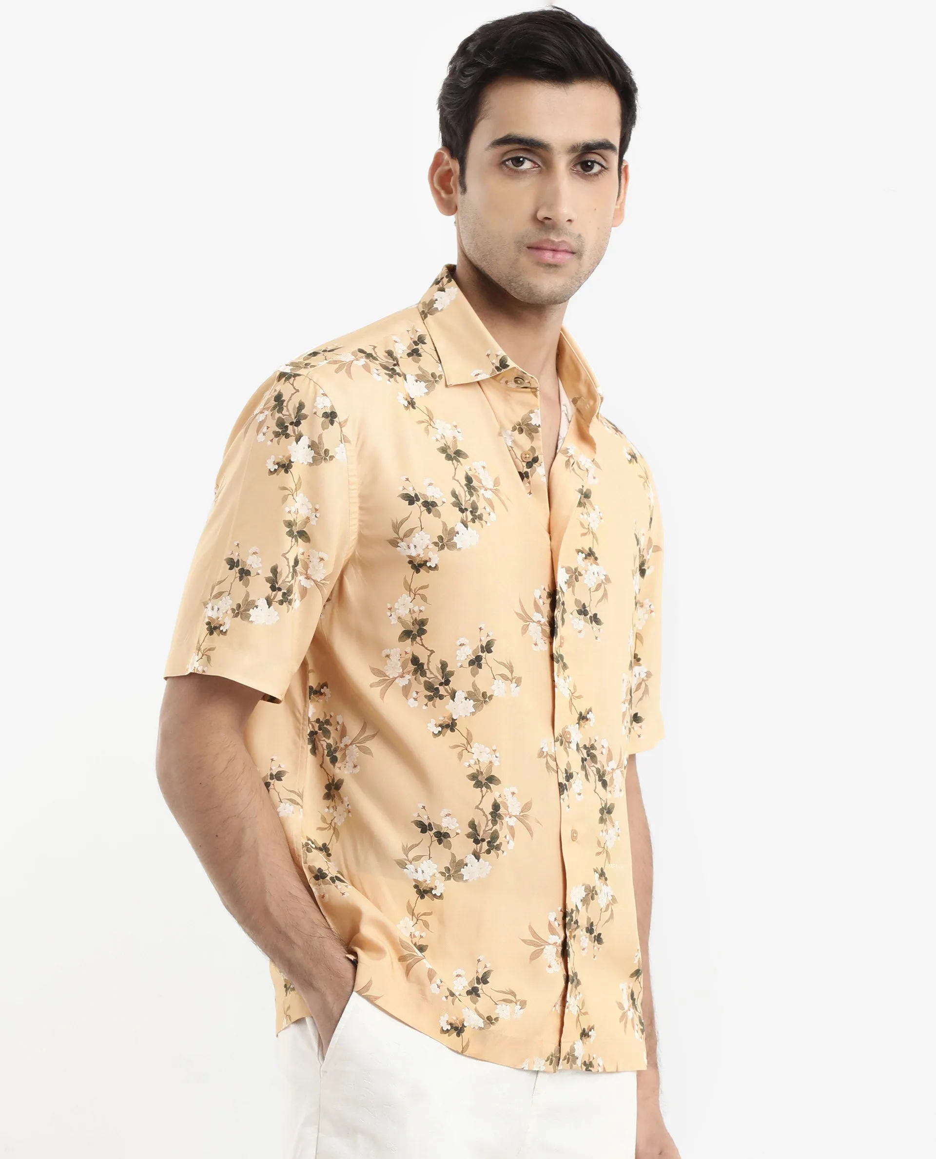 Rare Rabbit Men's Alpher Beige Viscose Fabric Short Sleeve Boxy Fit Floral Print Shirt