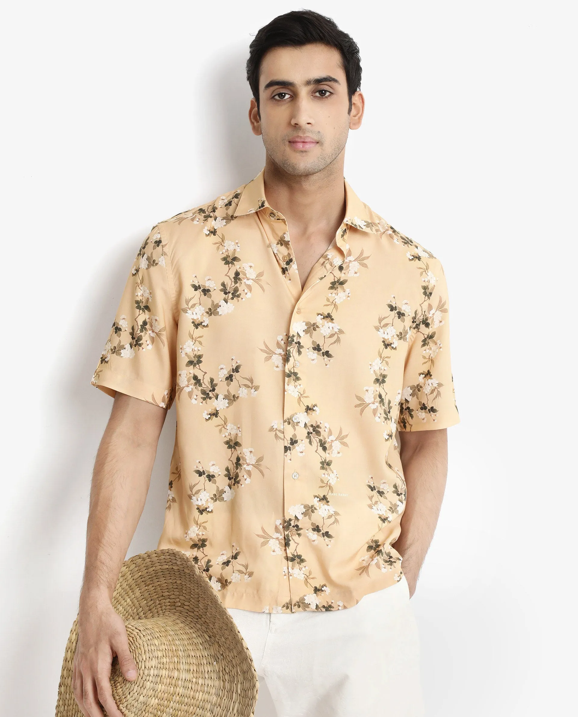 Rare Rabbit Men's Alpher Beige Viscose Fabric Short Sleeve Boxy Fit Floral Print Shirt