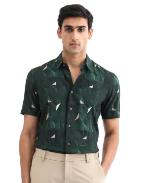 Rare Rabbit Men's Mose Green Viscose Fabric Half Sleeves Geometric Print Shirt