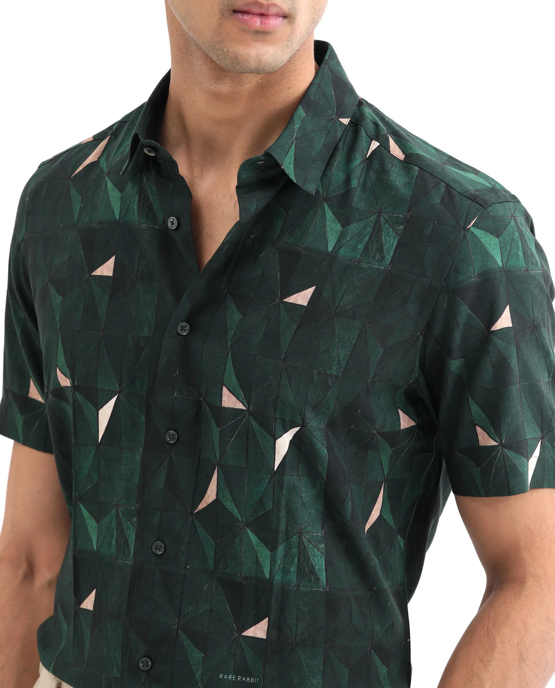 Rare Rabbit Men's Mose Green Viscose Fabric Half Sleeves Geometric Print Shirt