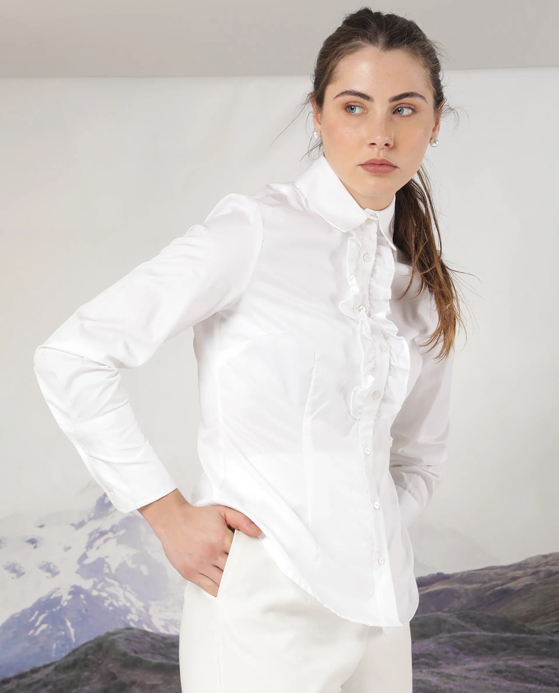 Rareism Women Aubrey White Cotton Fabric Full Sleeves Button Closure Shirt Collar Regular Fit Plain Top