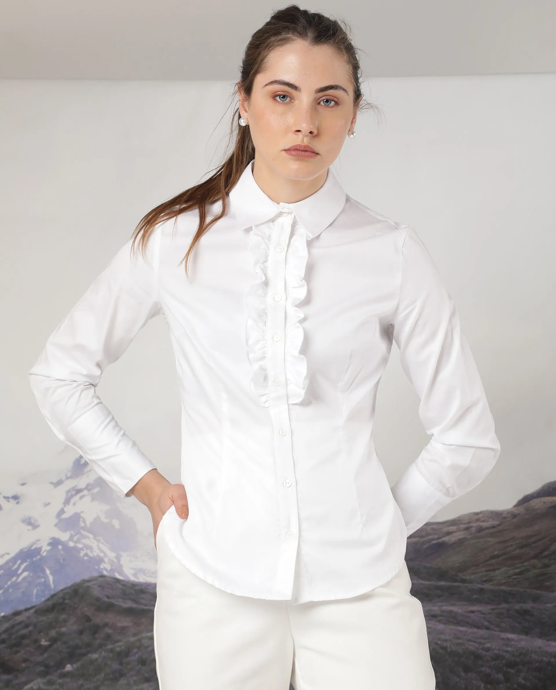 Rareism Women Aubrey White Cotton Fabric Full Sleeves Button Closure Shirt Collar Regular Fit Plain Top