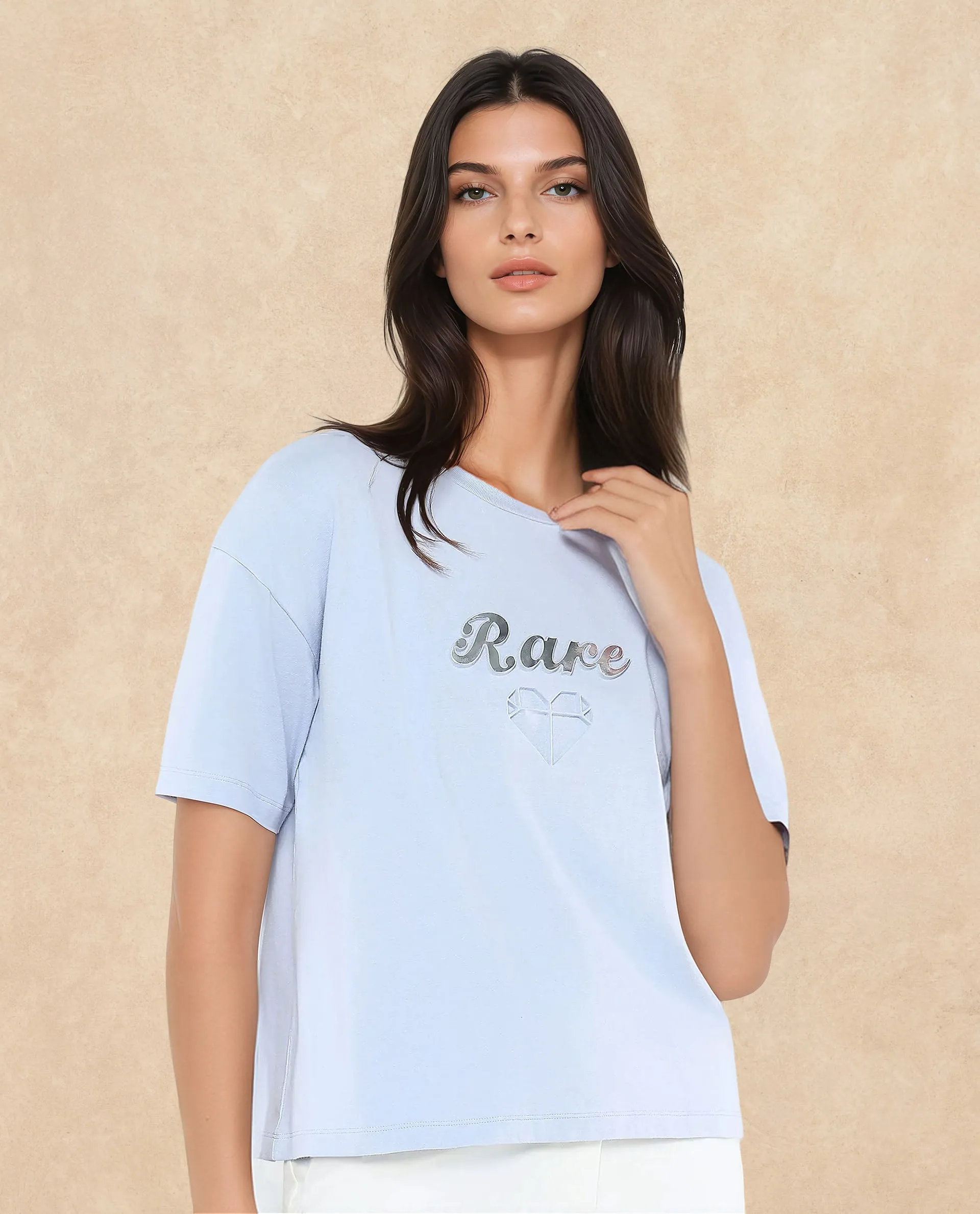 Rareism Women Glimp Light Blue Cotton Blend Fabric Short Sleeve Crew Neck Relaxed Fit Graphic Print T-Shirt