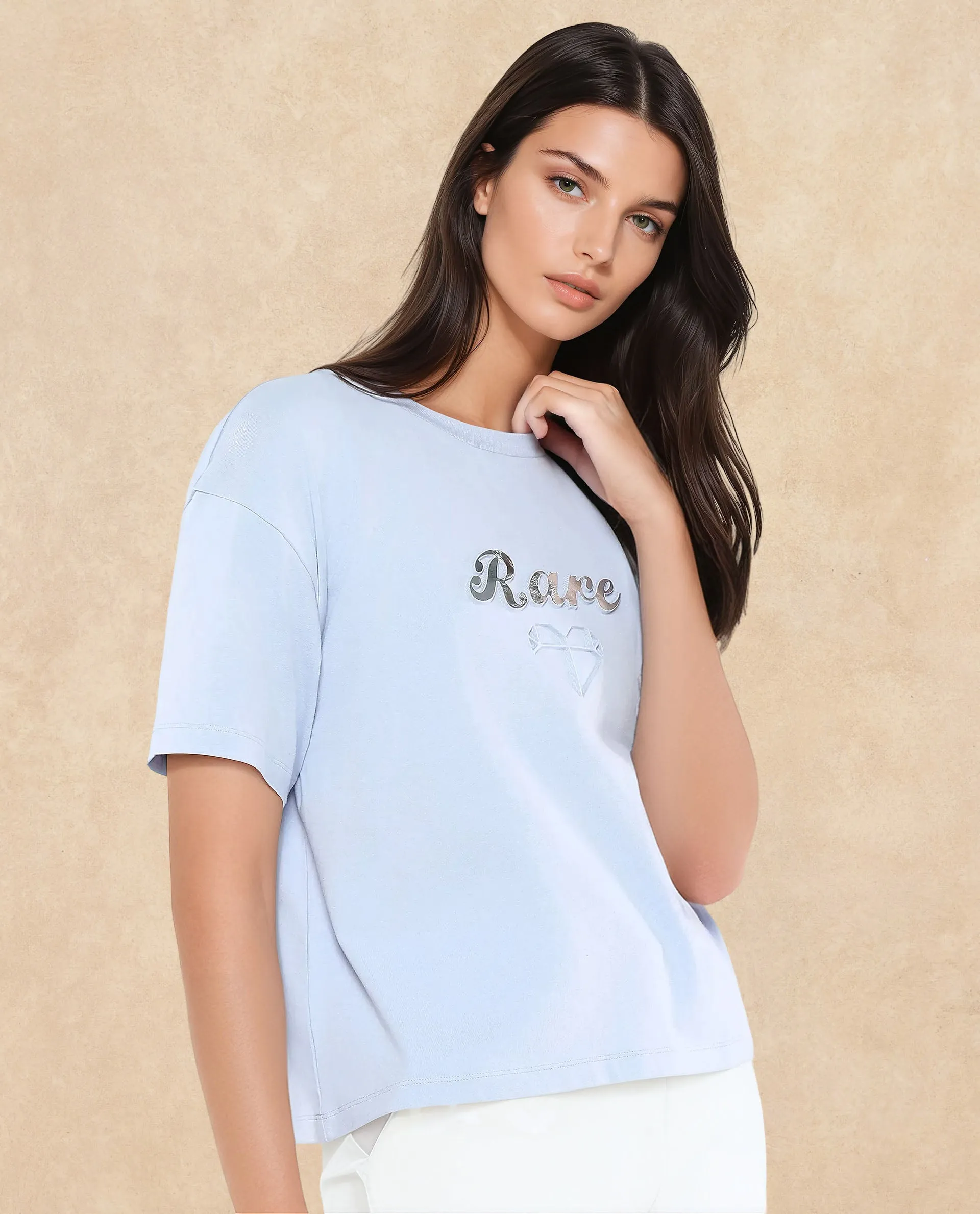 Rareism Women Glimp Light Blue Cotton Blend Fabric Short Sleeve Crew Neck Relaxed Fit Graphic Print T-Shirt