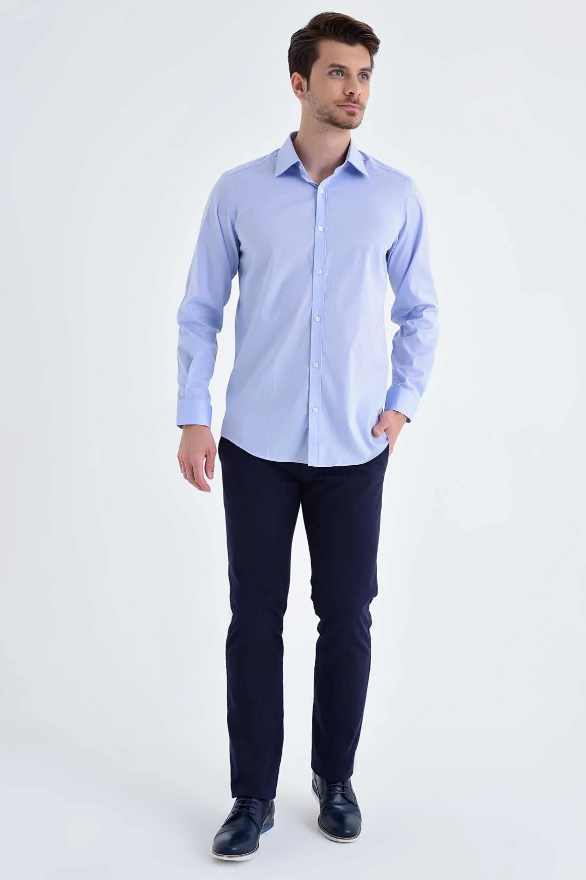 Regular Fit Long Sleeve Cotton Blend Light Blue Dress Shirt