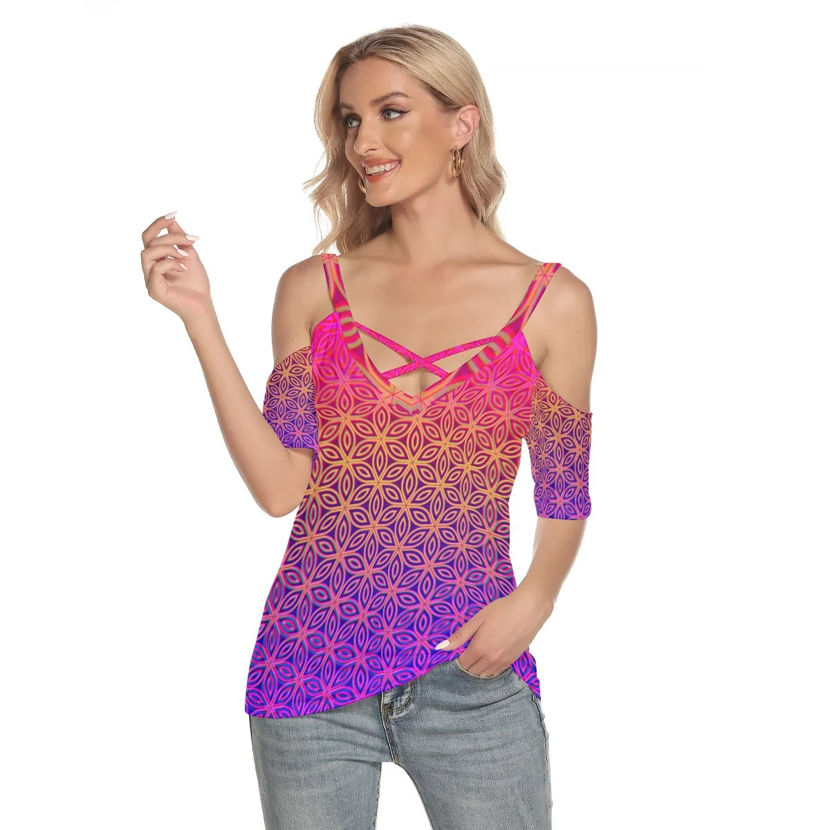 Sacral Bloom Top With Criss Cross Strips