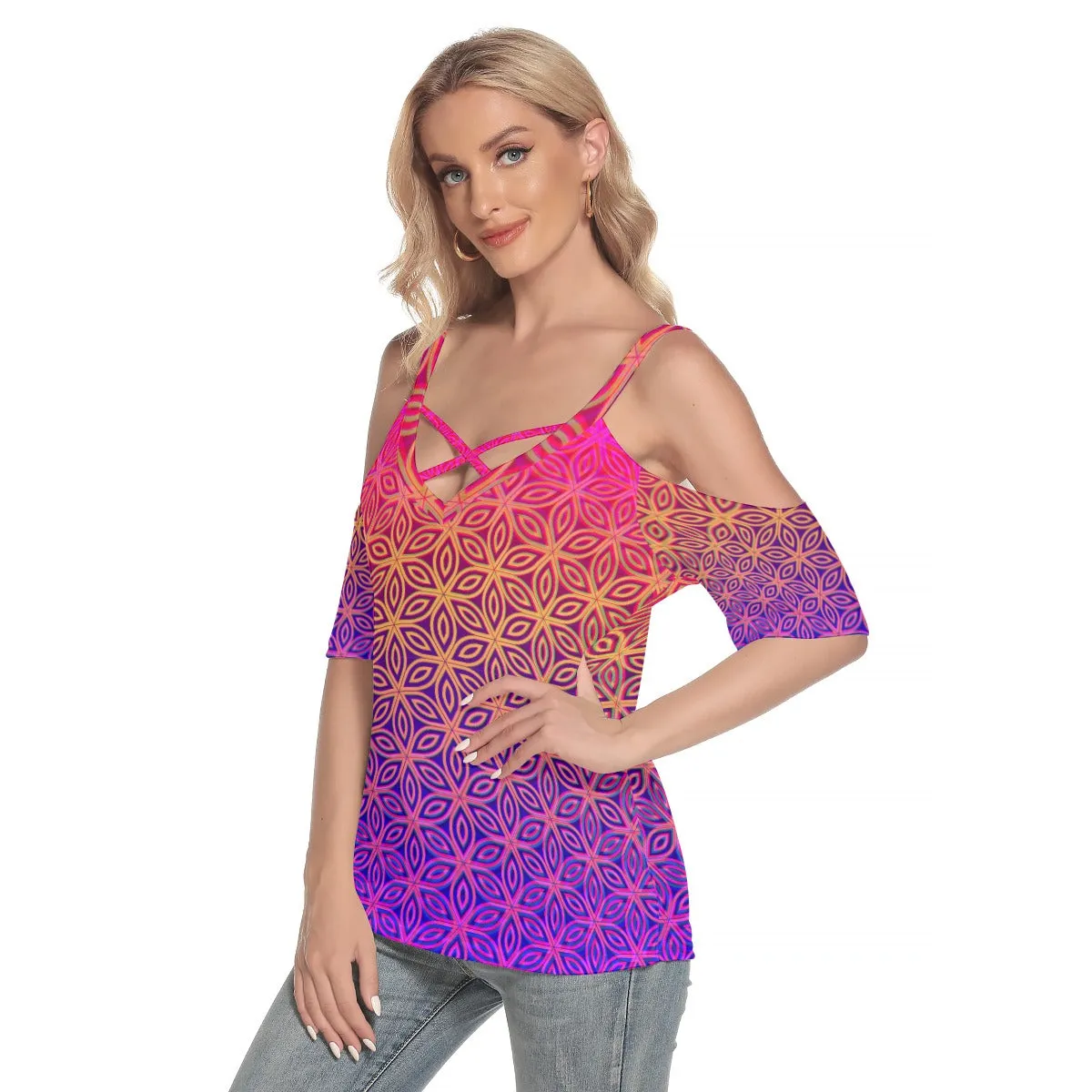 Sacral Bloom Top With Criss Cross Strips