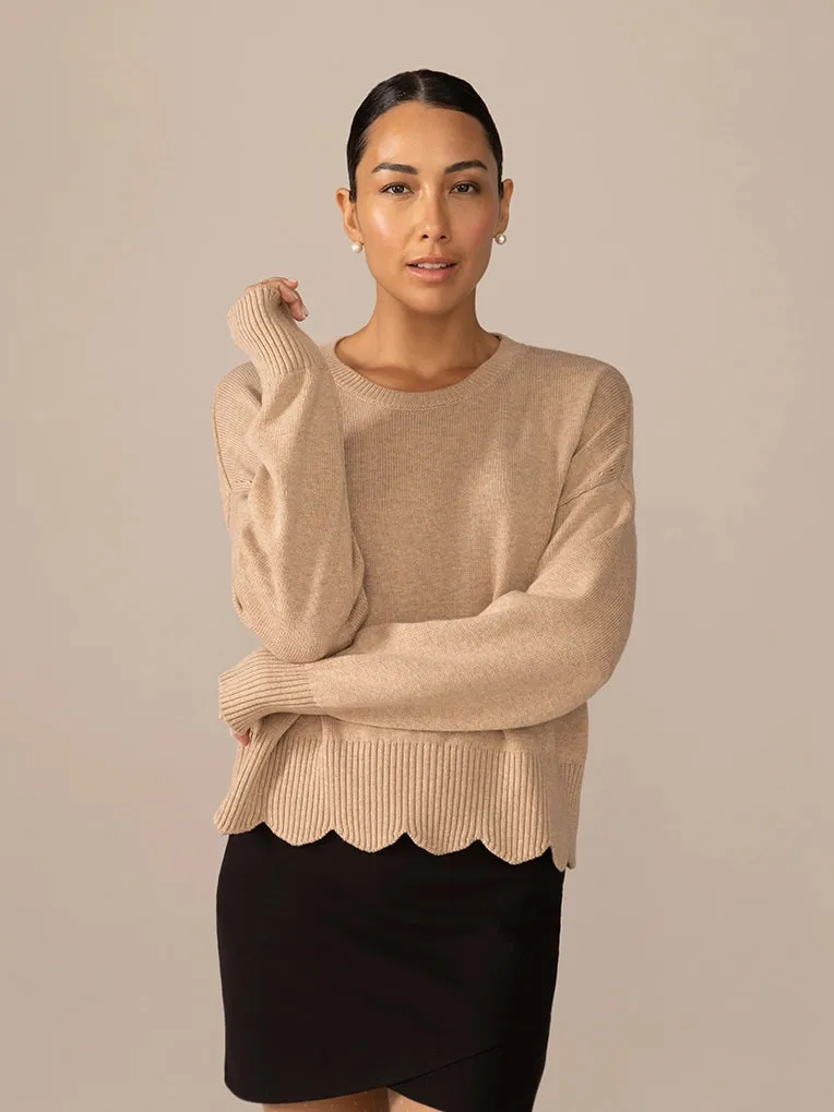 Scalloped Edge Pullover Responsible Merino in Oatmeal mix