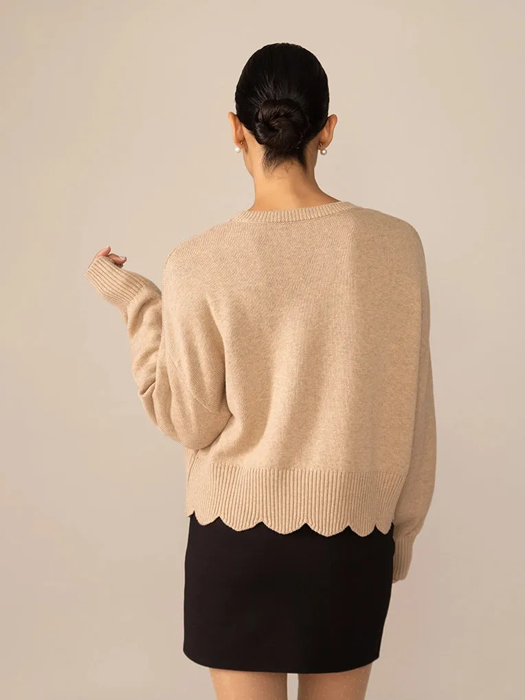 Scalloped Edge Pullover Responsible Merino in Oatmeal mix