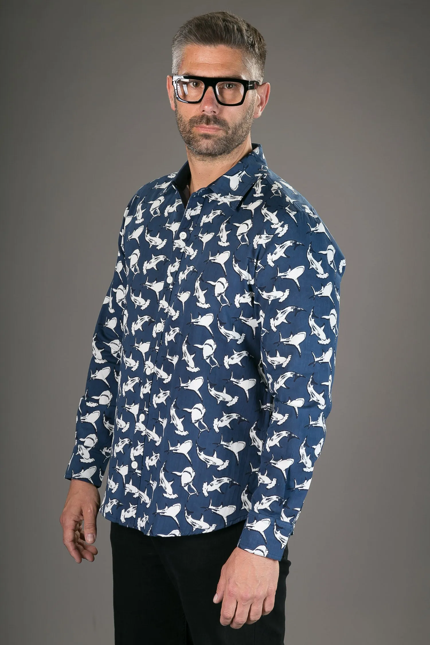 Shark Print Cotton Slim Fit Mens Shirt Long Sleeve