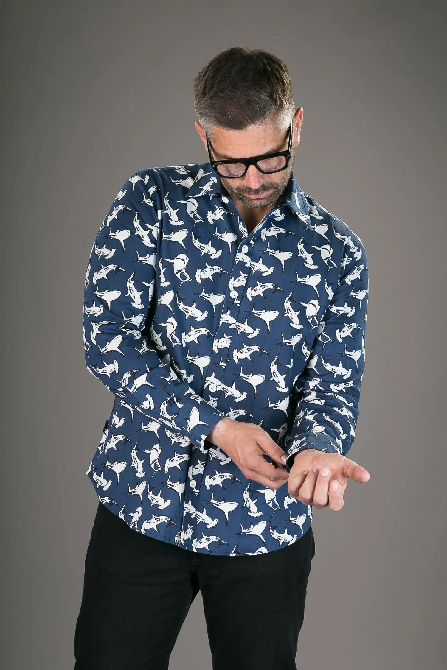 Shark Print Cotton Slim Fit Mens Shirt Long Sleeve