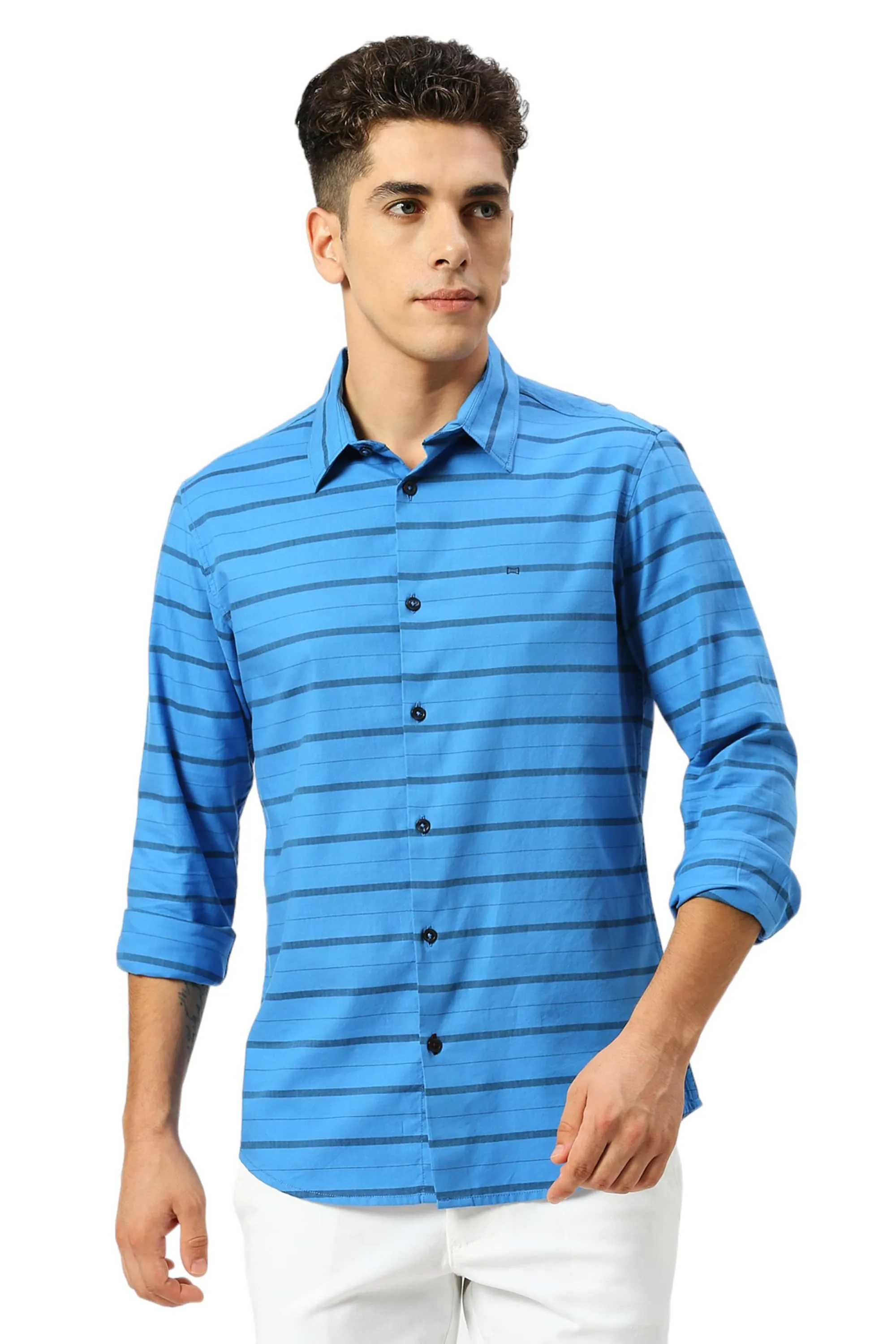 Slim Fit Cotton Weft Herringbone Stripe Shirt