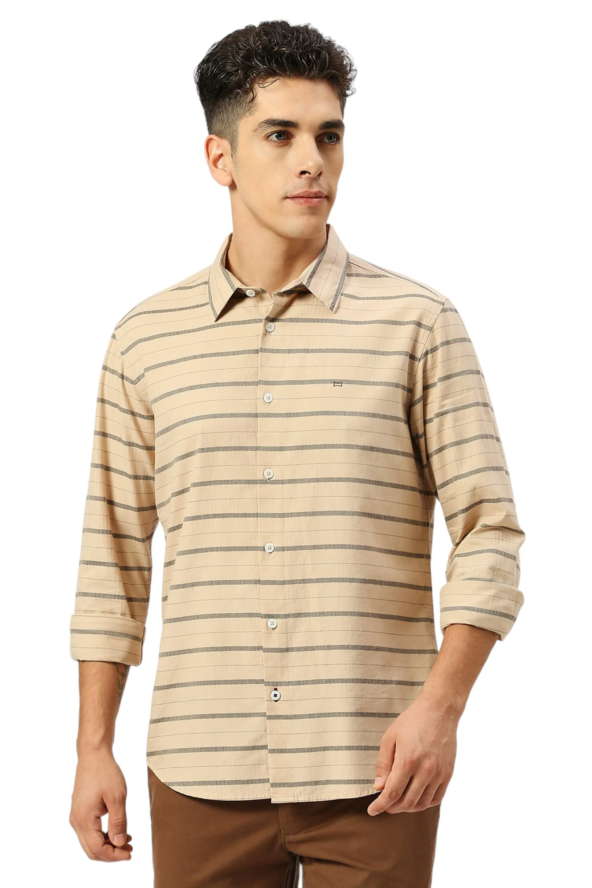 Slim Fit Cotton Weft Herringbone Stripe Shirt