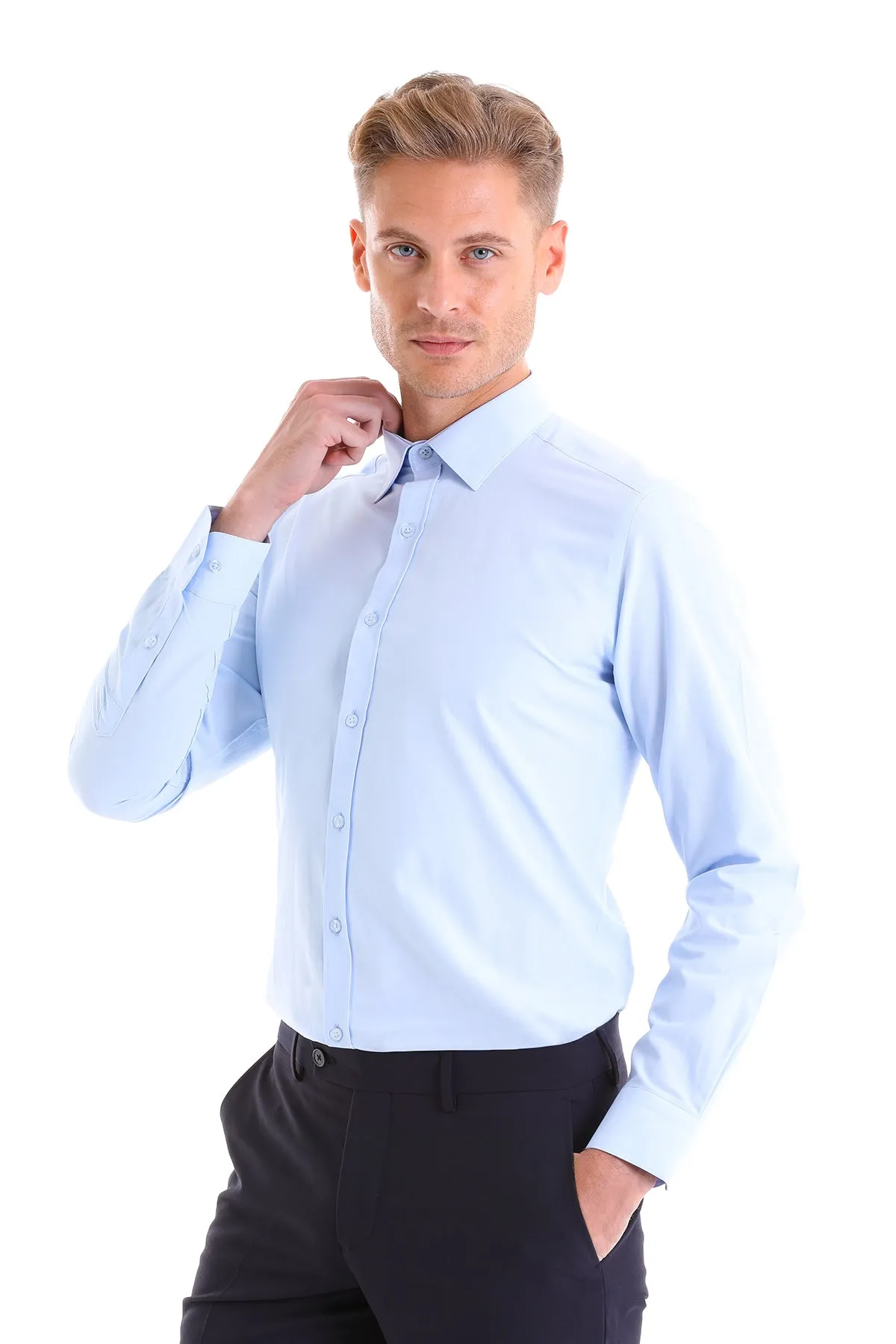 Slim Fit Light Blue Cotton Blend Dress Shirt